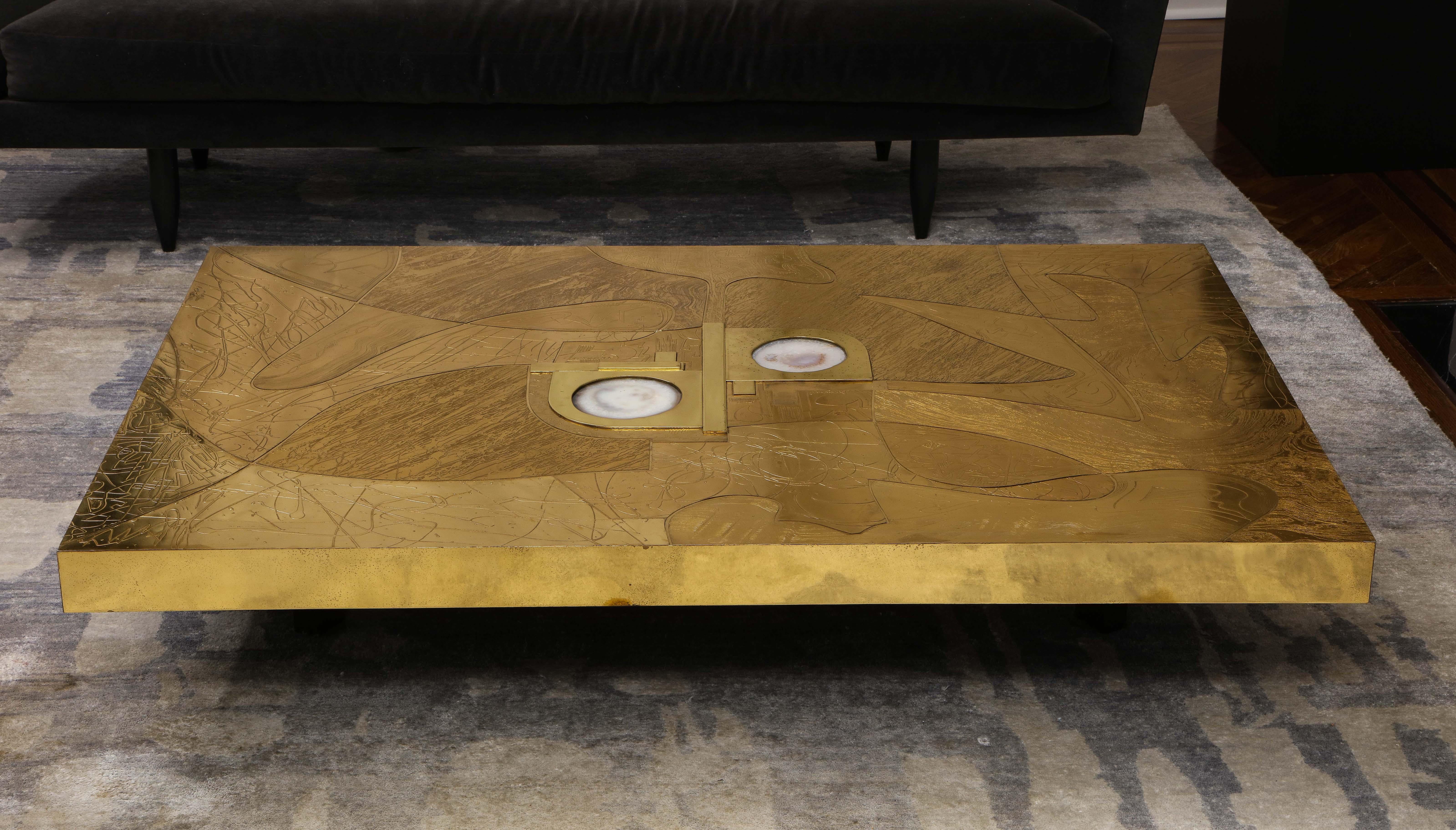 American Stunning Etched Brass and Double Agate Cocktail Table