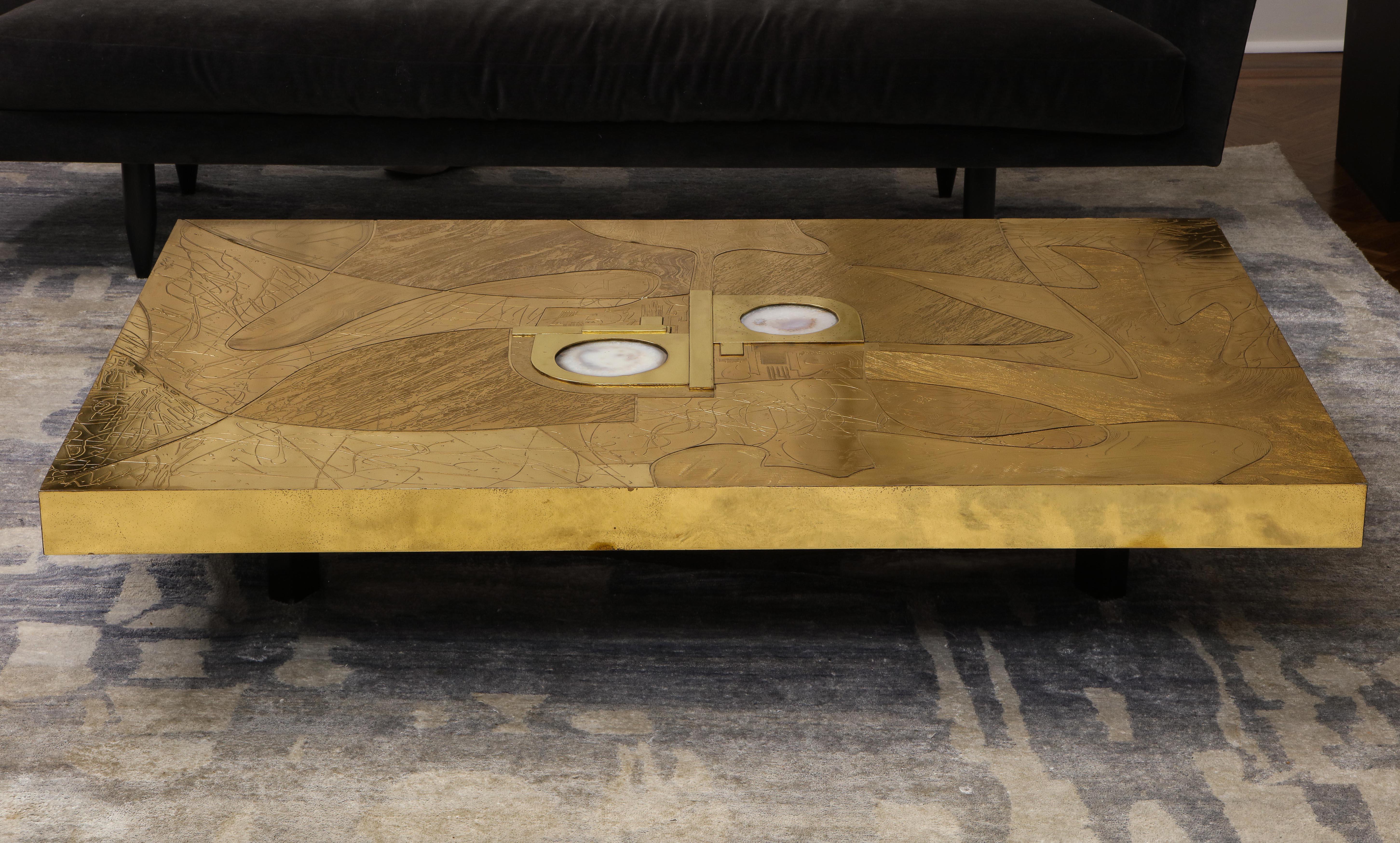 Stunning Etched Brass and Double Agate Cocktail Table In Good Condition In New York, NY