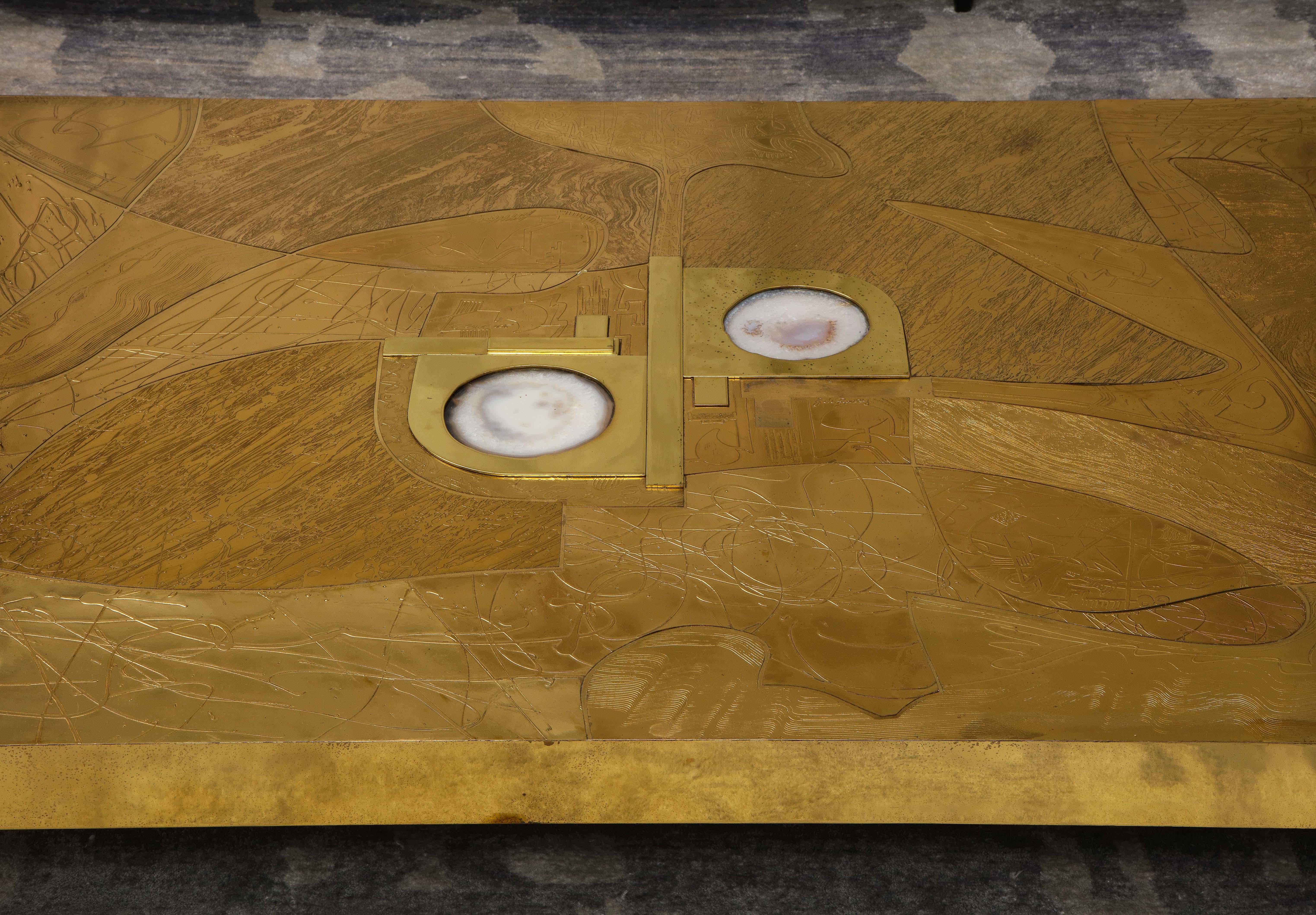 Contemporary Stunning Etched Brass and Double Agate Cocktail Table
