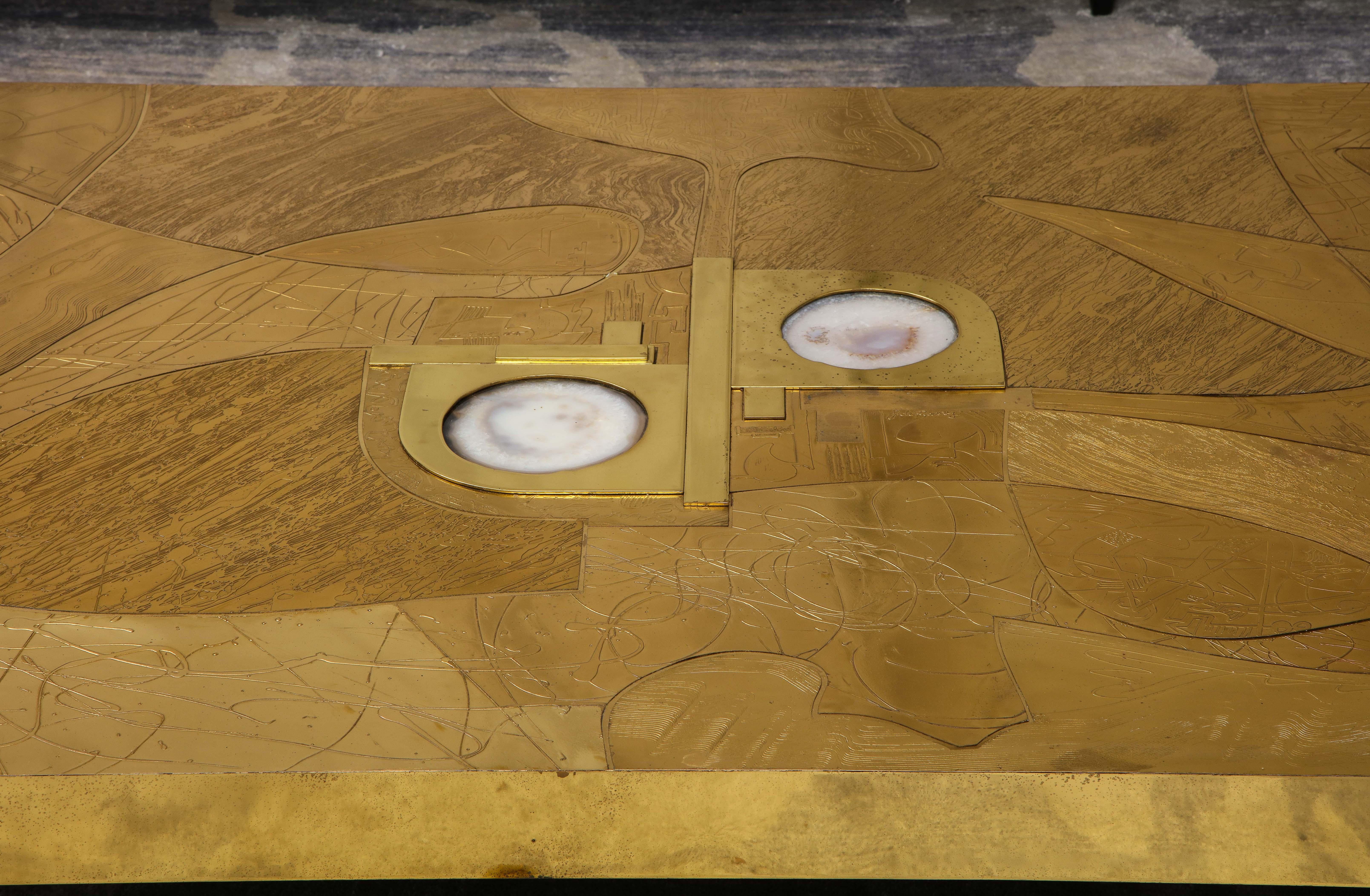 Stunning Etched Brass and Double Agate Cocktail Table 1