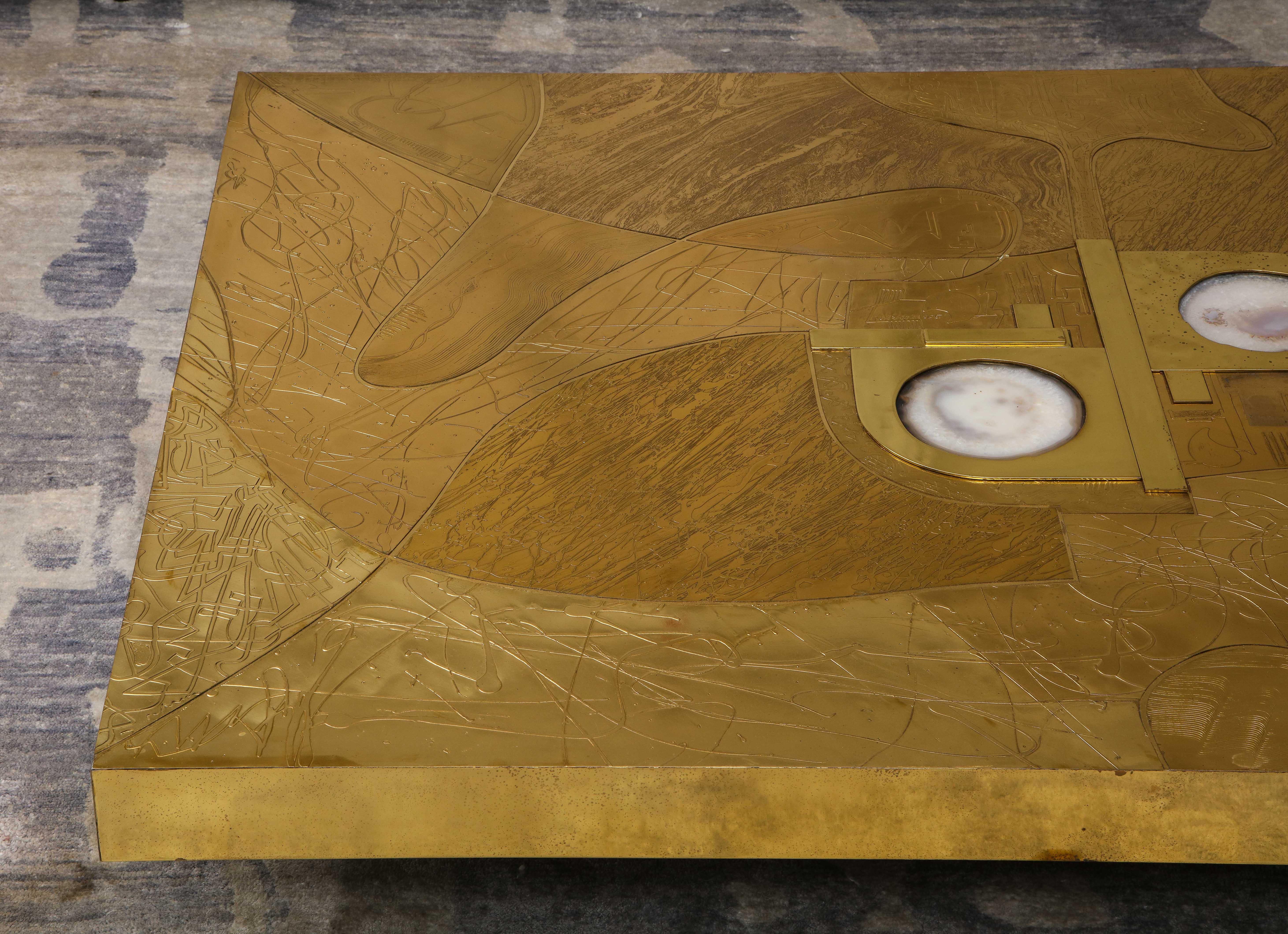 Stunning Etched Brass and Double Agate Cocktail Table 2