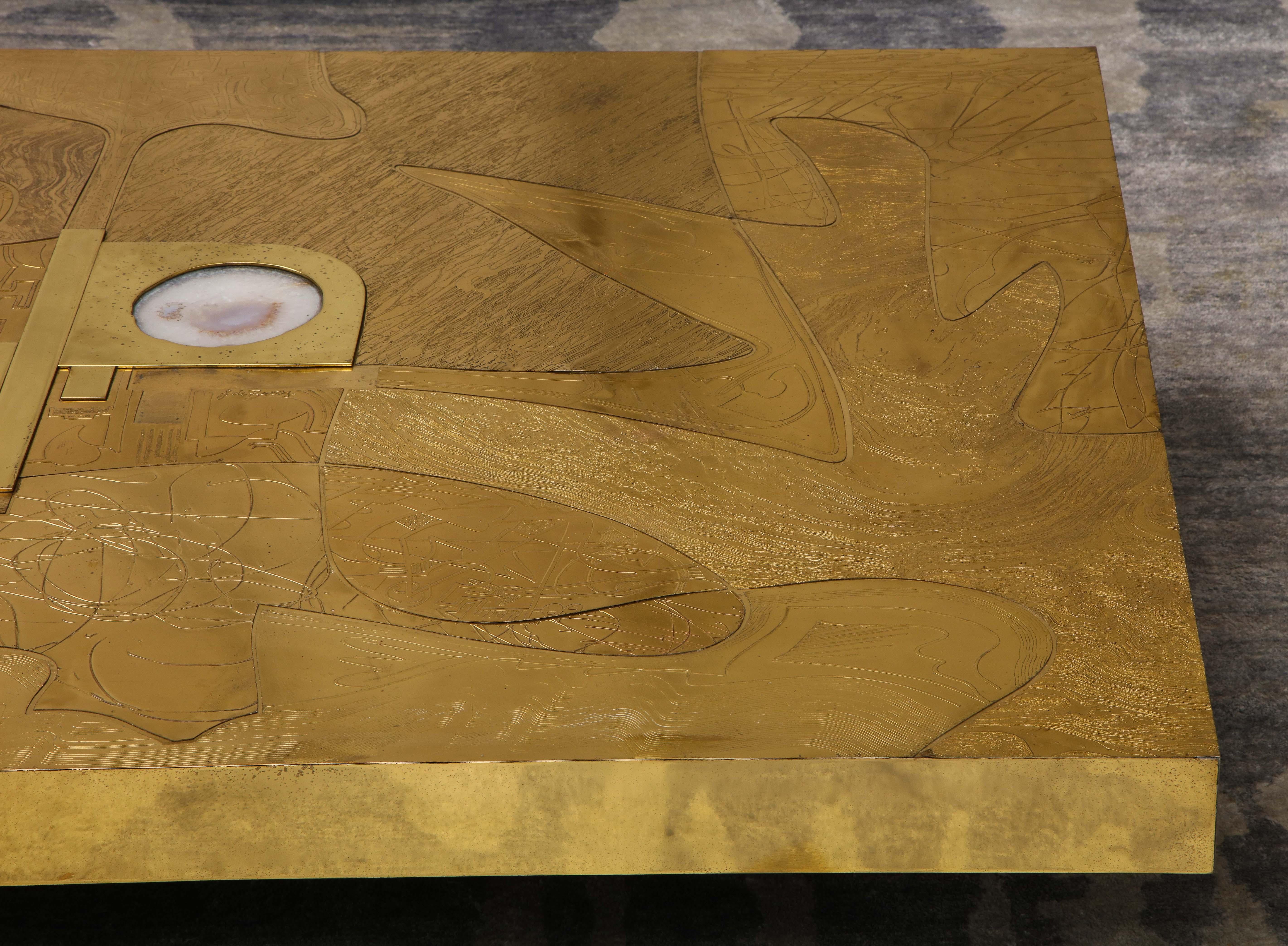 Stunning Etched Brass and Double Agate Cocktail Table 3