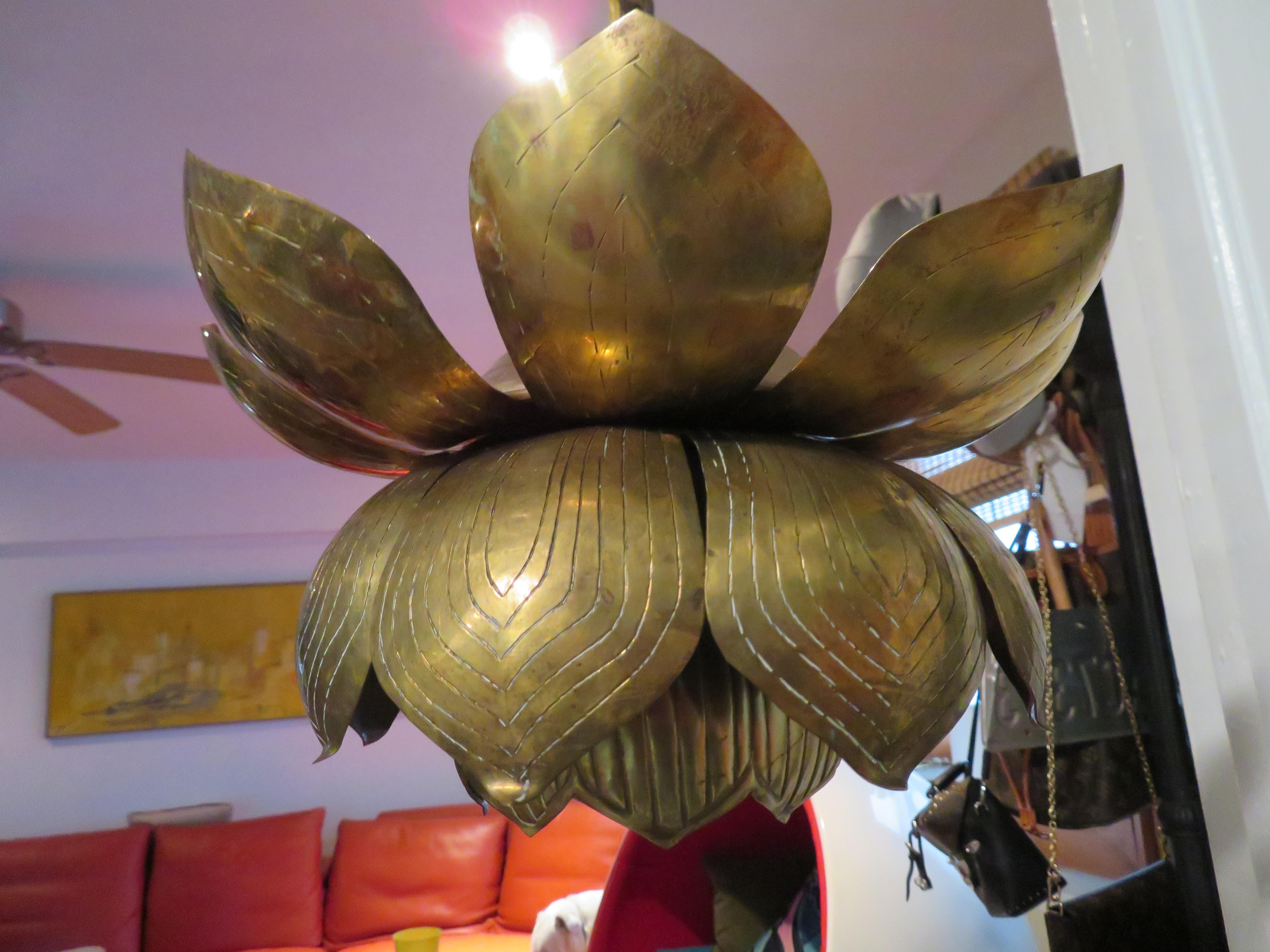 Stunning Etched Brass Feldman Lotus Pendant Light Chandelier Mid-Century Modern 2