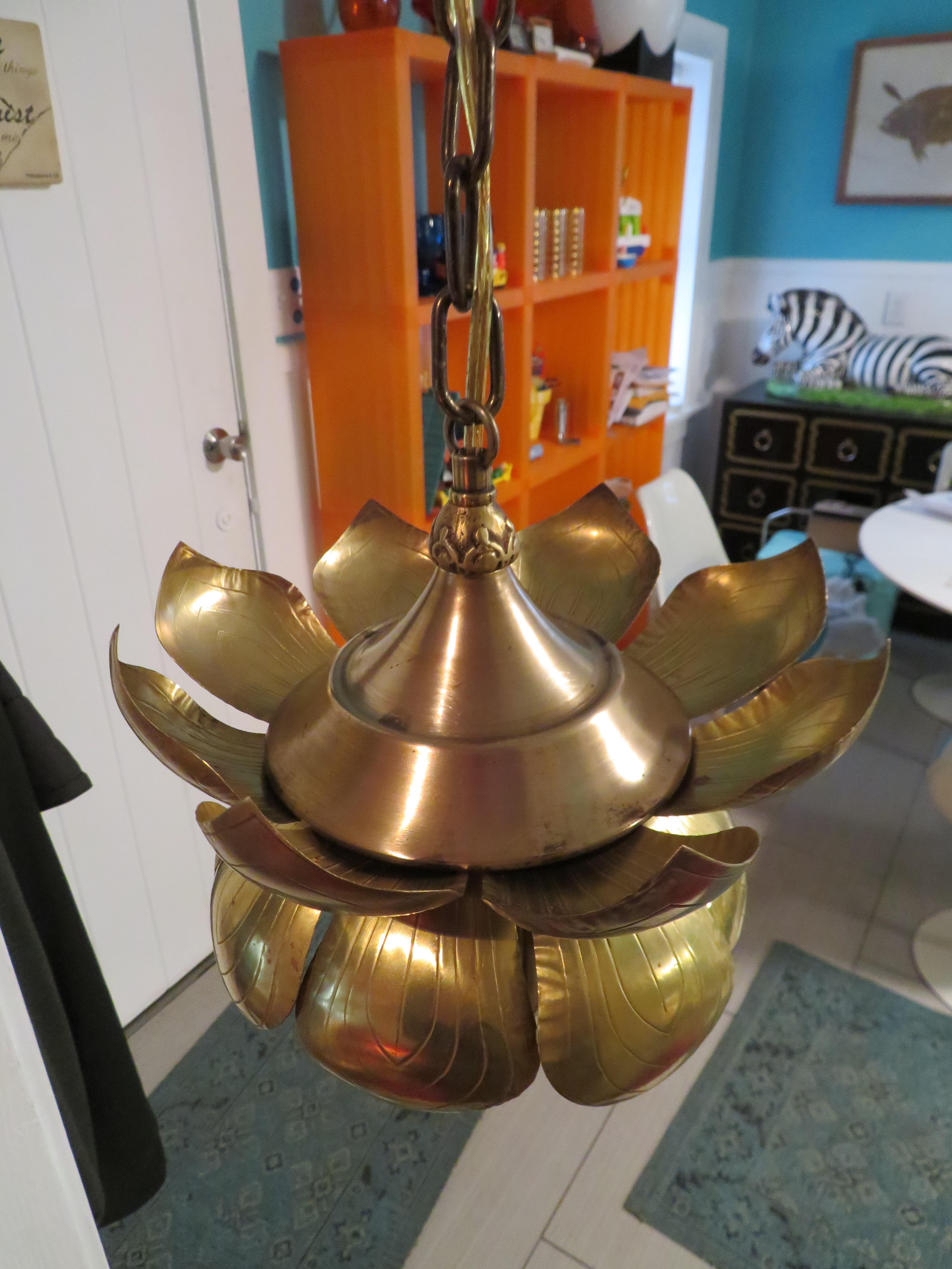 American Stunning Etched Brass Feldman Lotus Pendant Light Chandelier Mid-Century Modern