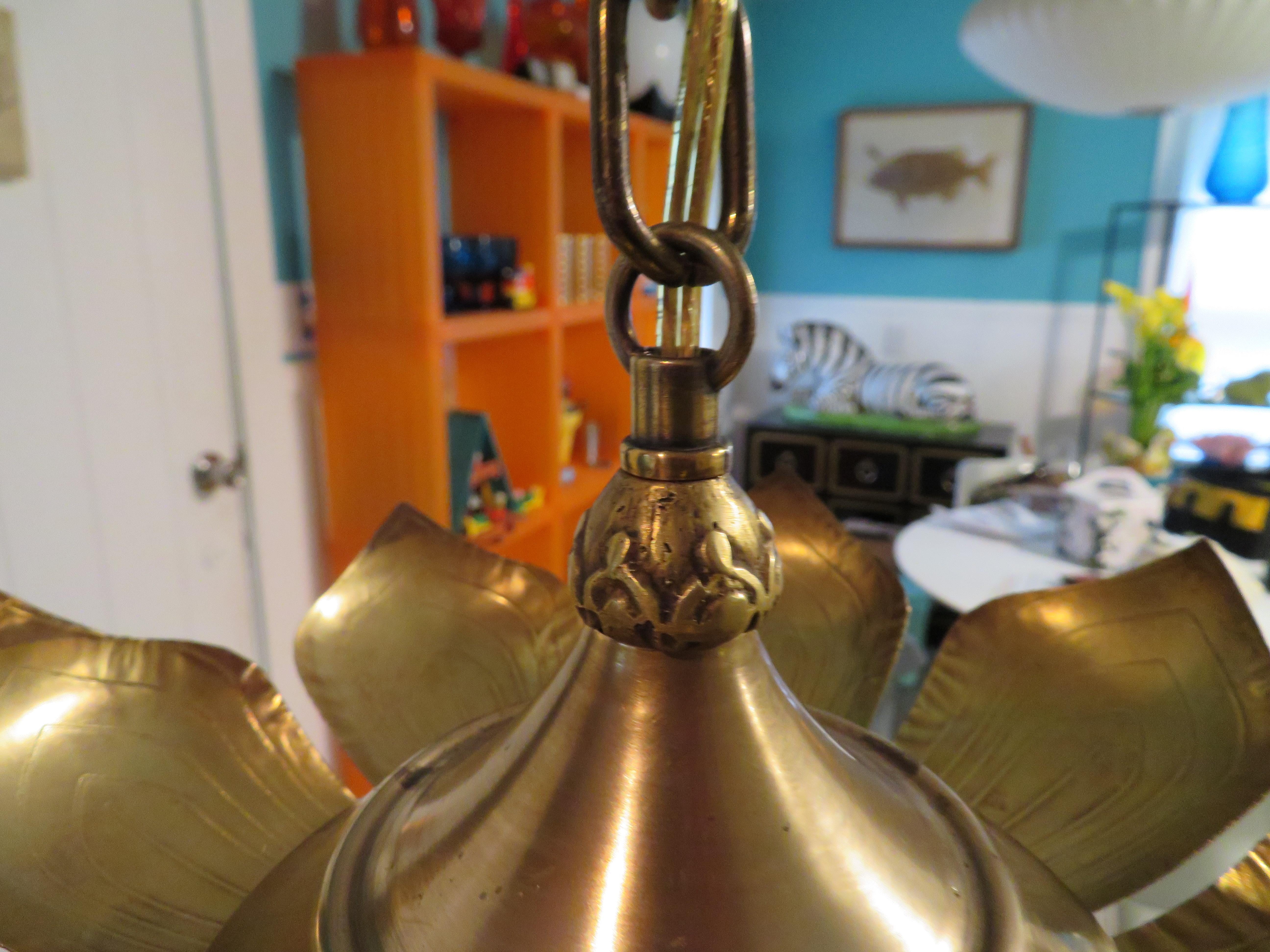 Stunning Etched Brass Feldman Lotus Pendant Light Chandelier Mid-Century Modern 1