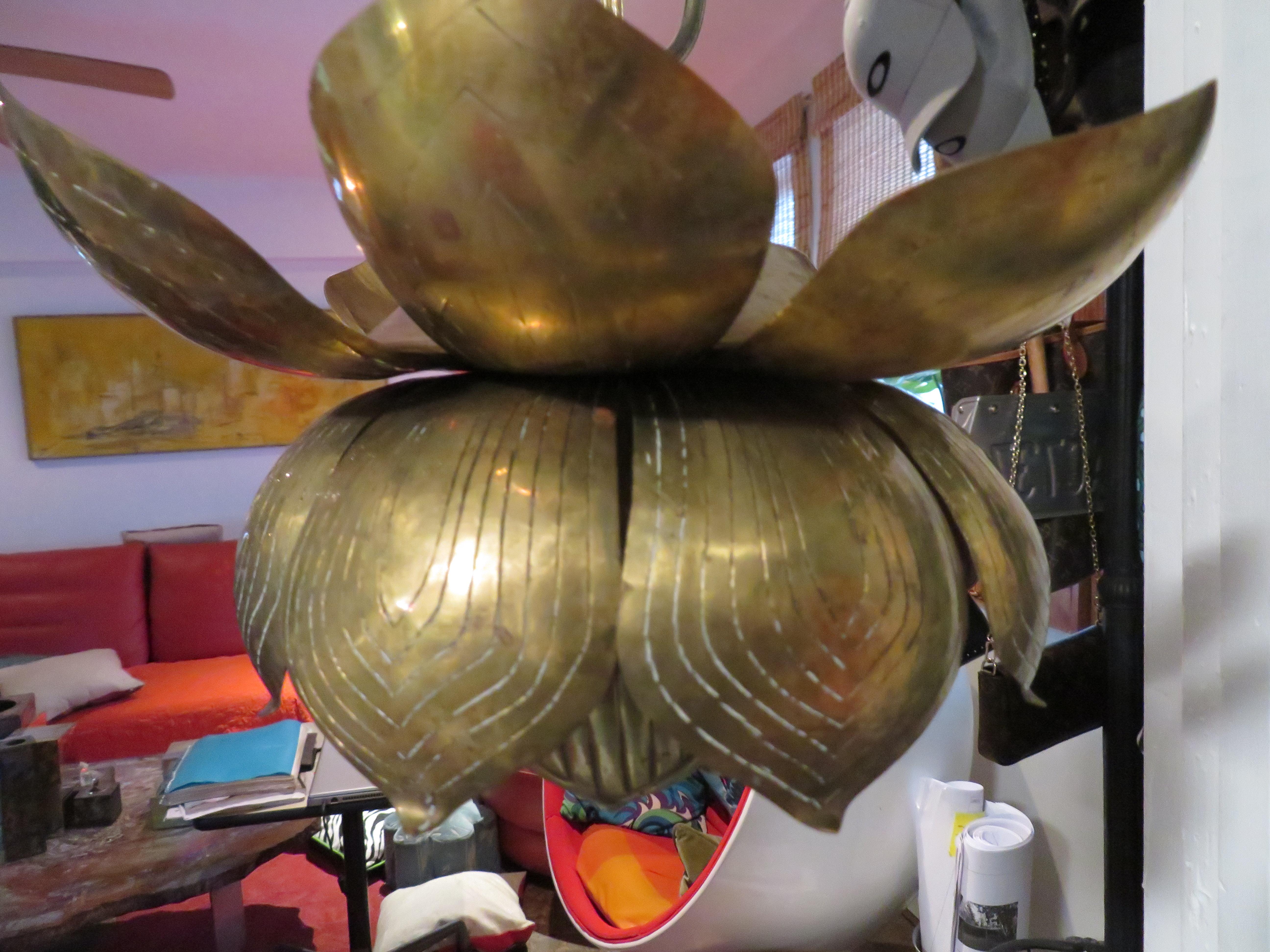 Stunning Etched Brass Feldman Lotus Pendant Light Chandelier Mid-Century Modern 1