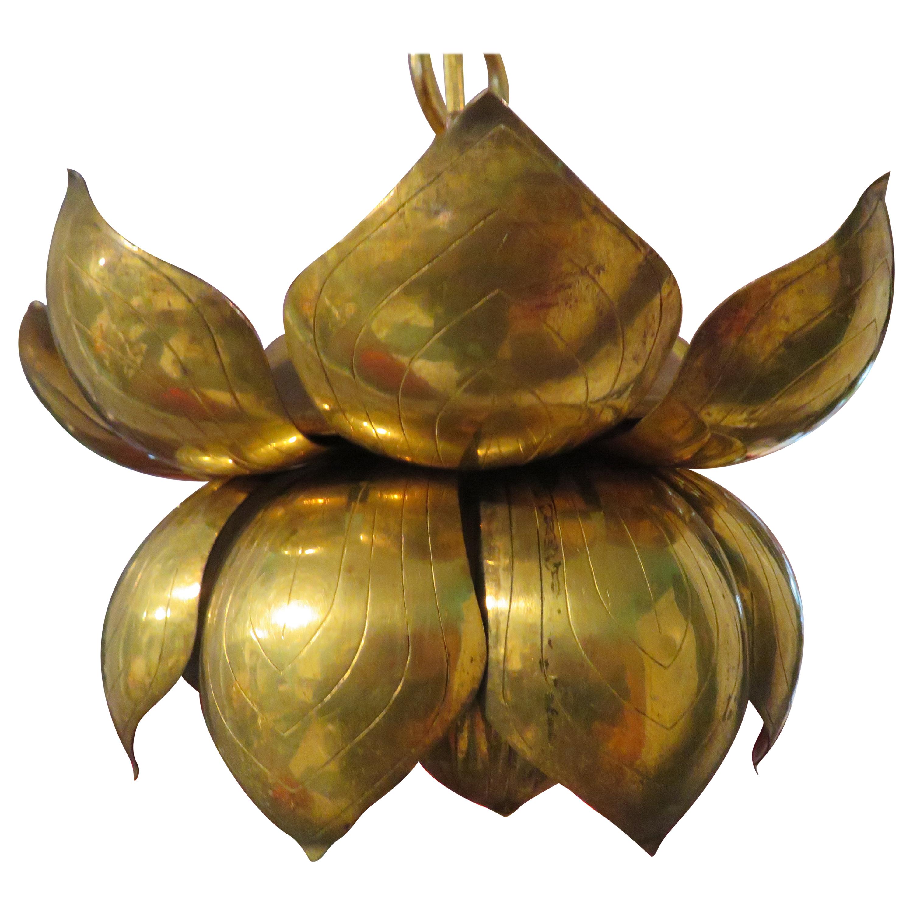 Stunning Etched Brass Feldman Lotus Pendant Light Chandelier Mid-Century Modern
