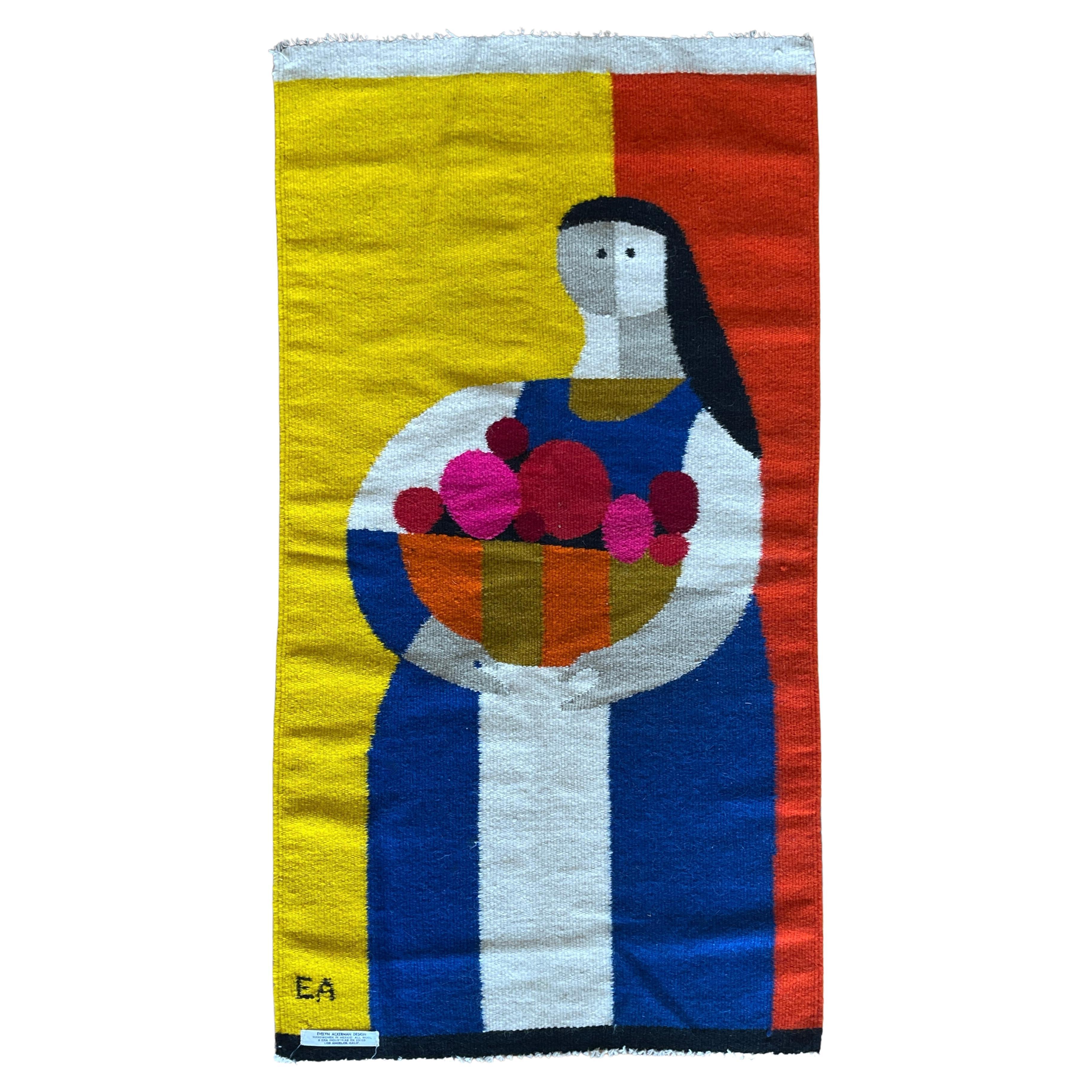 Vibrant original Evelyn Ackerman woven wool tapestry. Colors are rich and vibrant. Corner of tapestry has 