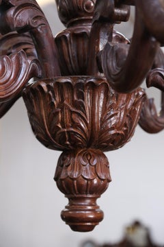 Stunning Exquisitely Hand Carved Twelve-Arm Colonial Teak Wood Chandelier