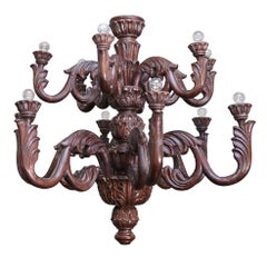 Stunning Exquisitely Hand Carved Twelve-Arm Colonial Teak Wood Chandelier