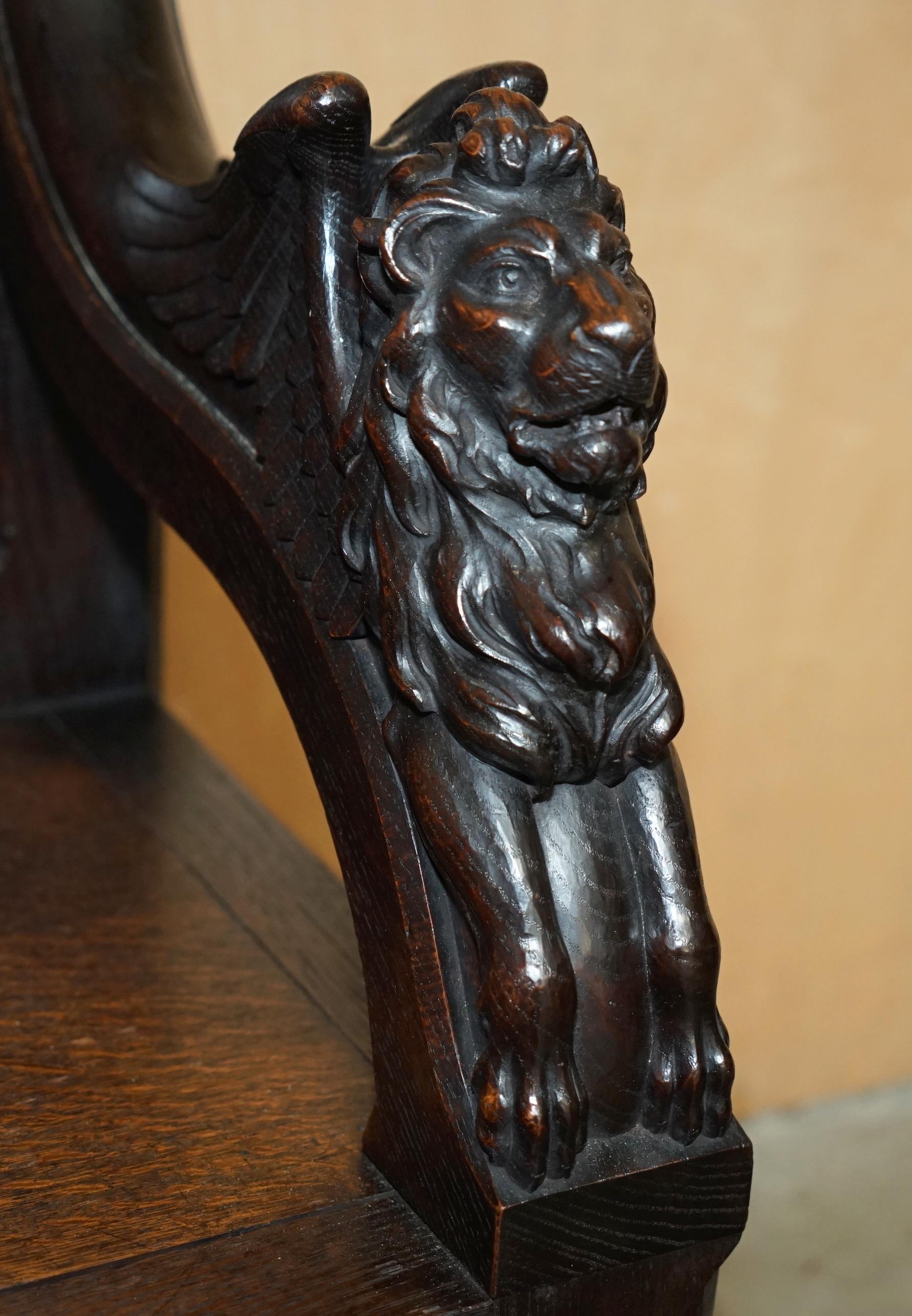 STUNNING EXTRA LARGE GOTHIC REVIVAL THRONE ARMCHAIR HAND CARVED ARMORIAL LIONs For Sale 2