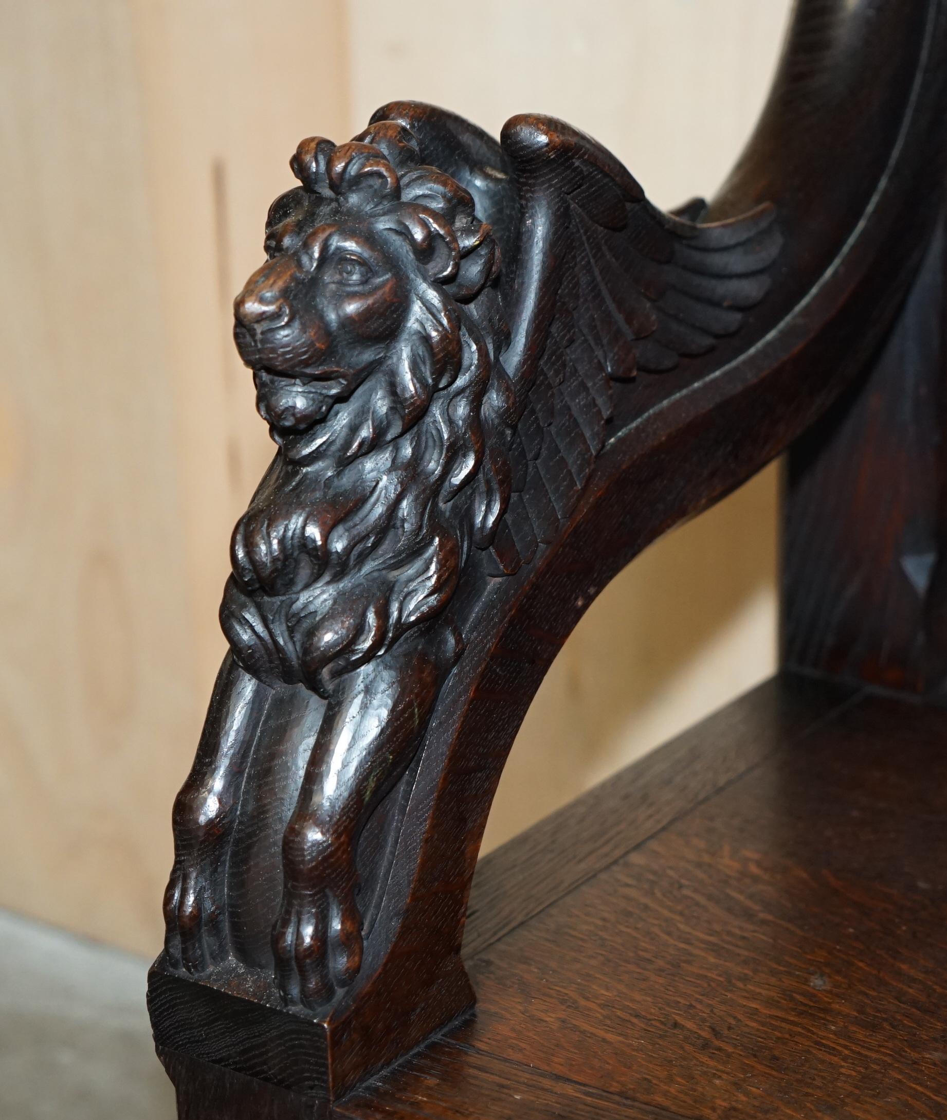 STUNNING EXTRA LARGE GOTHIC REVIVAL THRONE ARMCHAIR HAND CARVED ARMORIAL LIONs For Sale 3