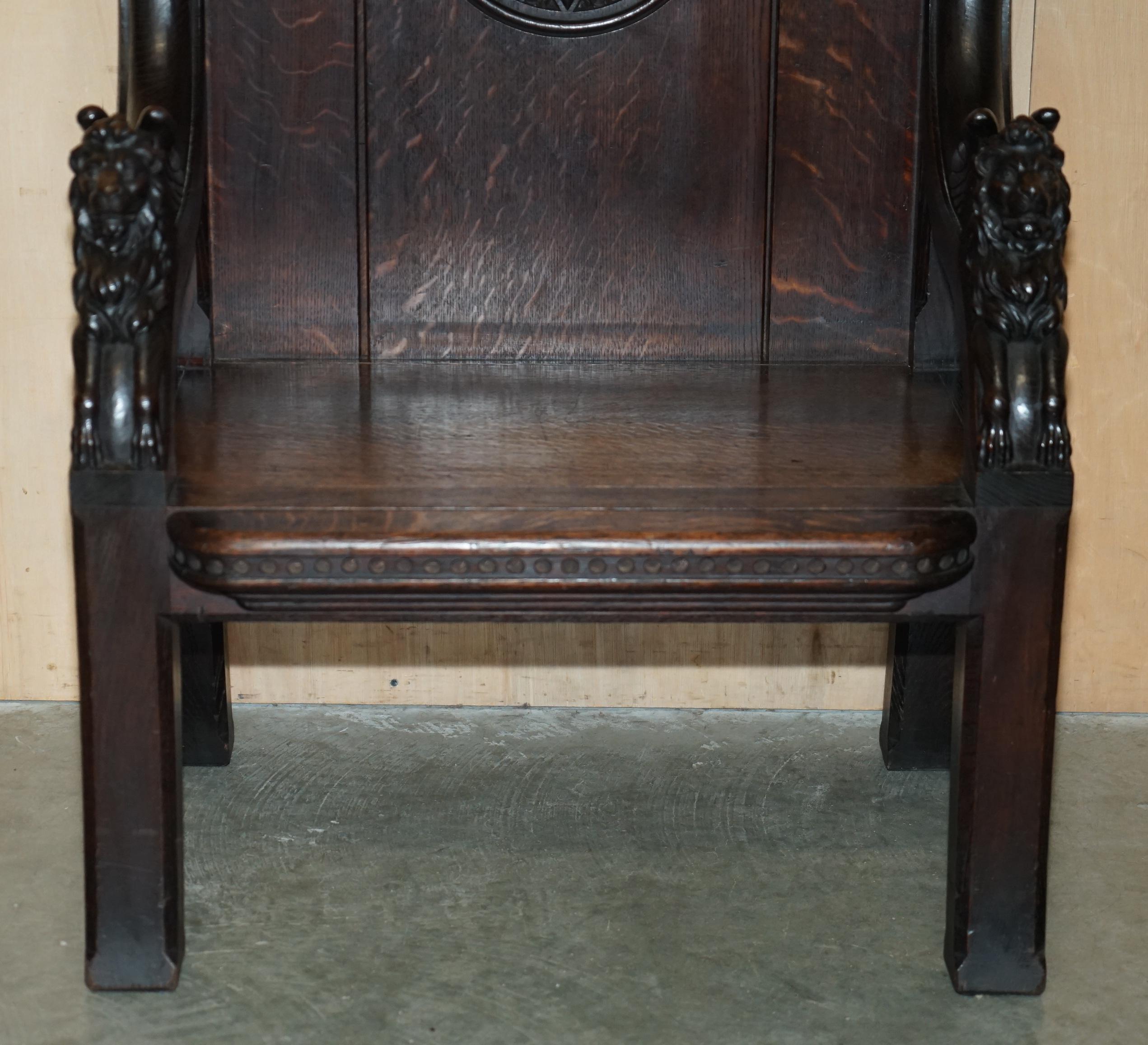 STUNNING EXTRA LARGE GOTHIC REVIVAL THRONE ARMCHAIR HAND CARVED ARMORIAL LIONs For Sale 4