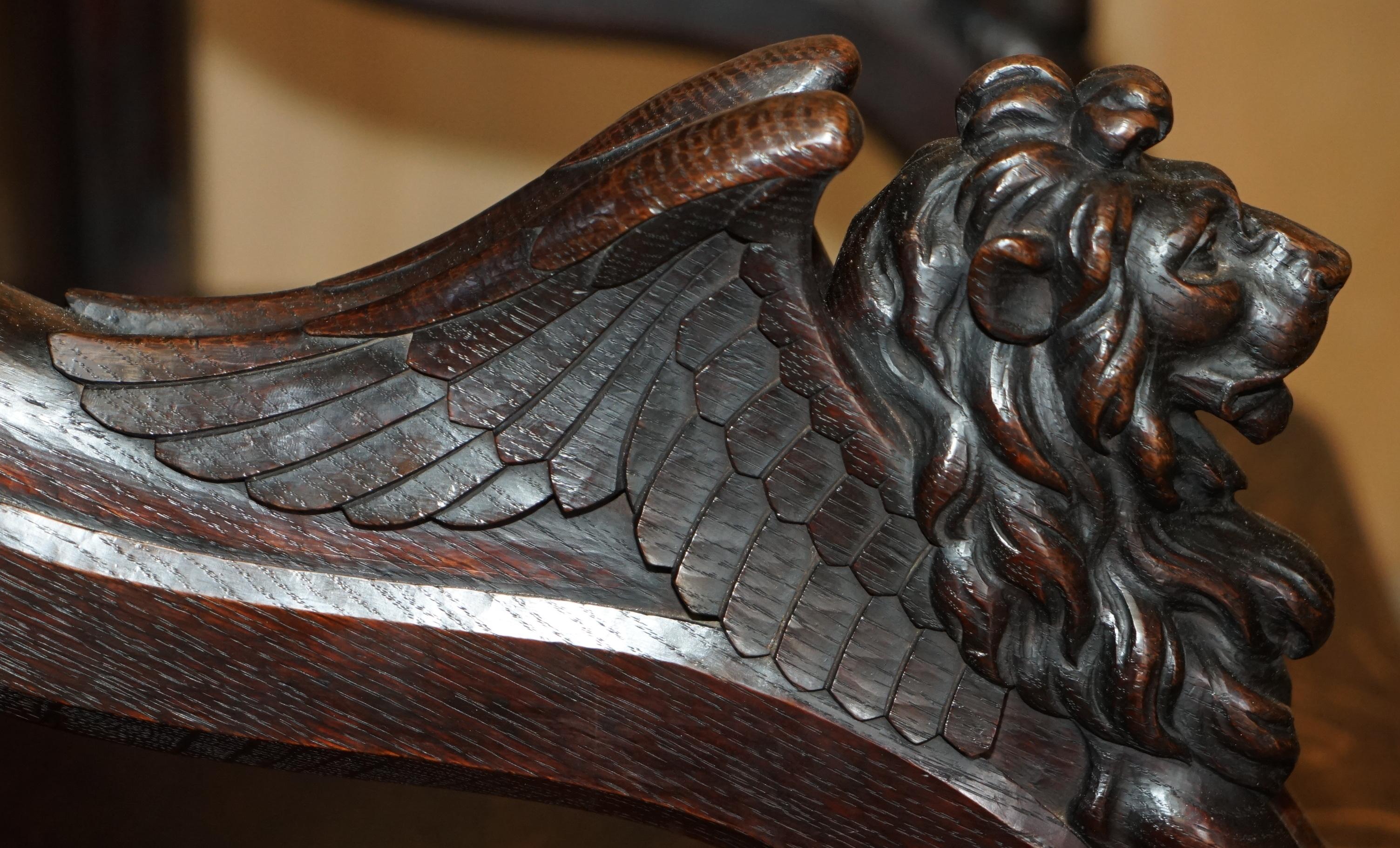 STUNNING EXTRA LARGE GOTHIC REVIVAL THRONE ARMCHAIR HAND CARVED ARMORIAL LIONs For Sale 7