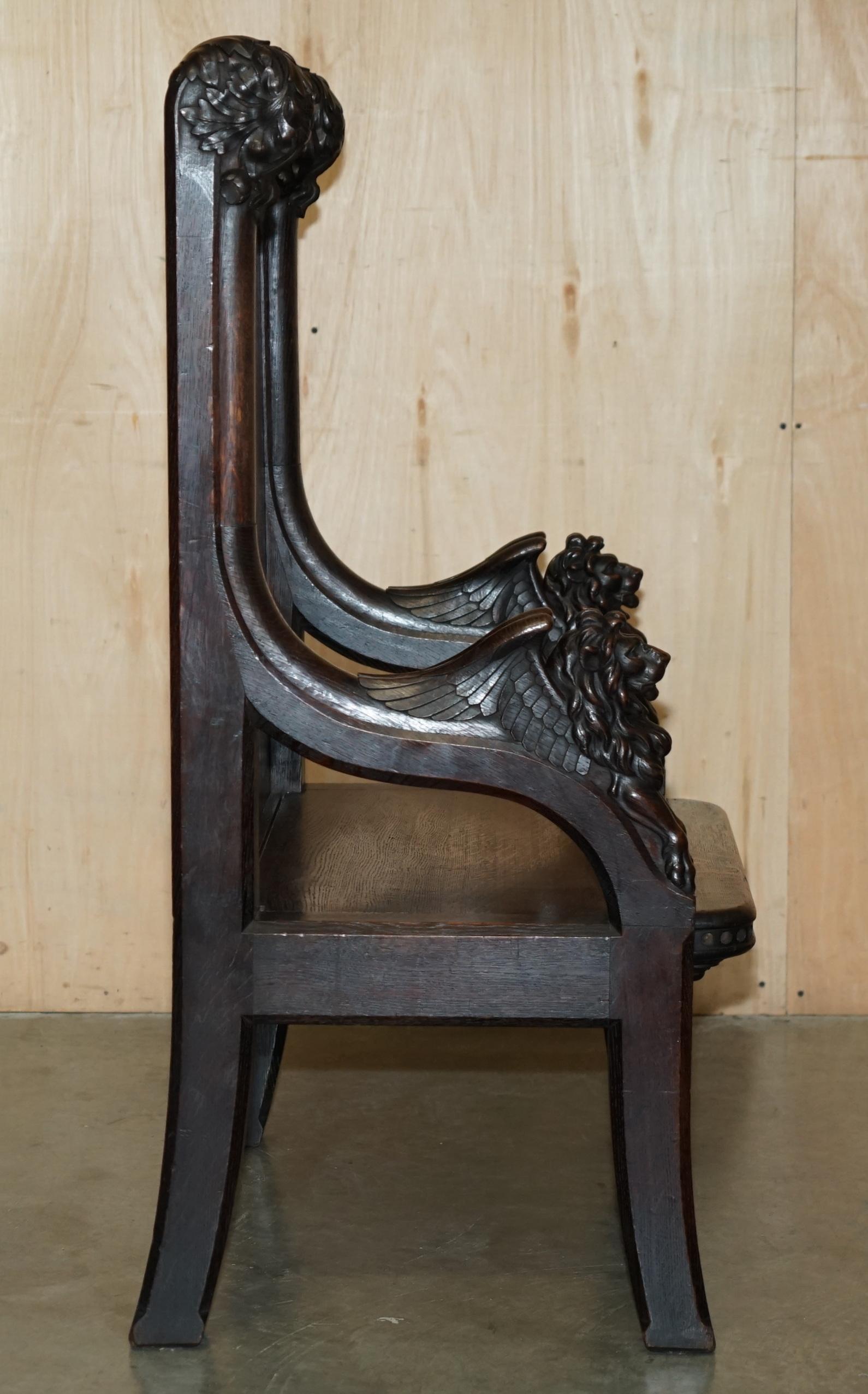 STUNNING EXTRA LARGE GOTHIC REVIVAL THRONE ARMCHAIR HAND CARVED ARMORIAL LIONs For Sale 9