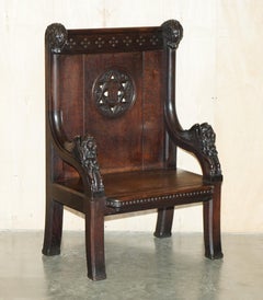 STUNNING EXTRA LARGE GOTHIC REVIVAL THRONE ARMCHAIR HAND CARVED ARMORIAL LIONs