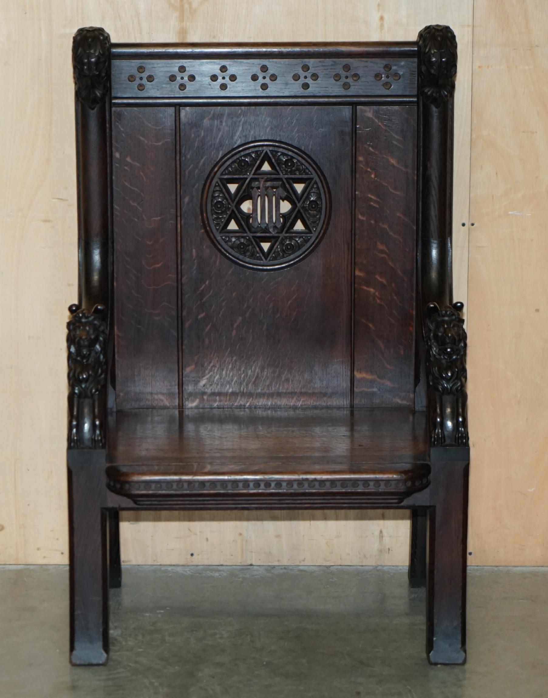 Gothic Revival STUNNING EXTRA LARGE GOTHIC REVIVAL THRONE ARMCHAIR HAND CARVED ARMORIAL LIONs For Sale