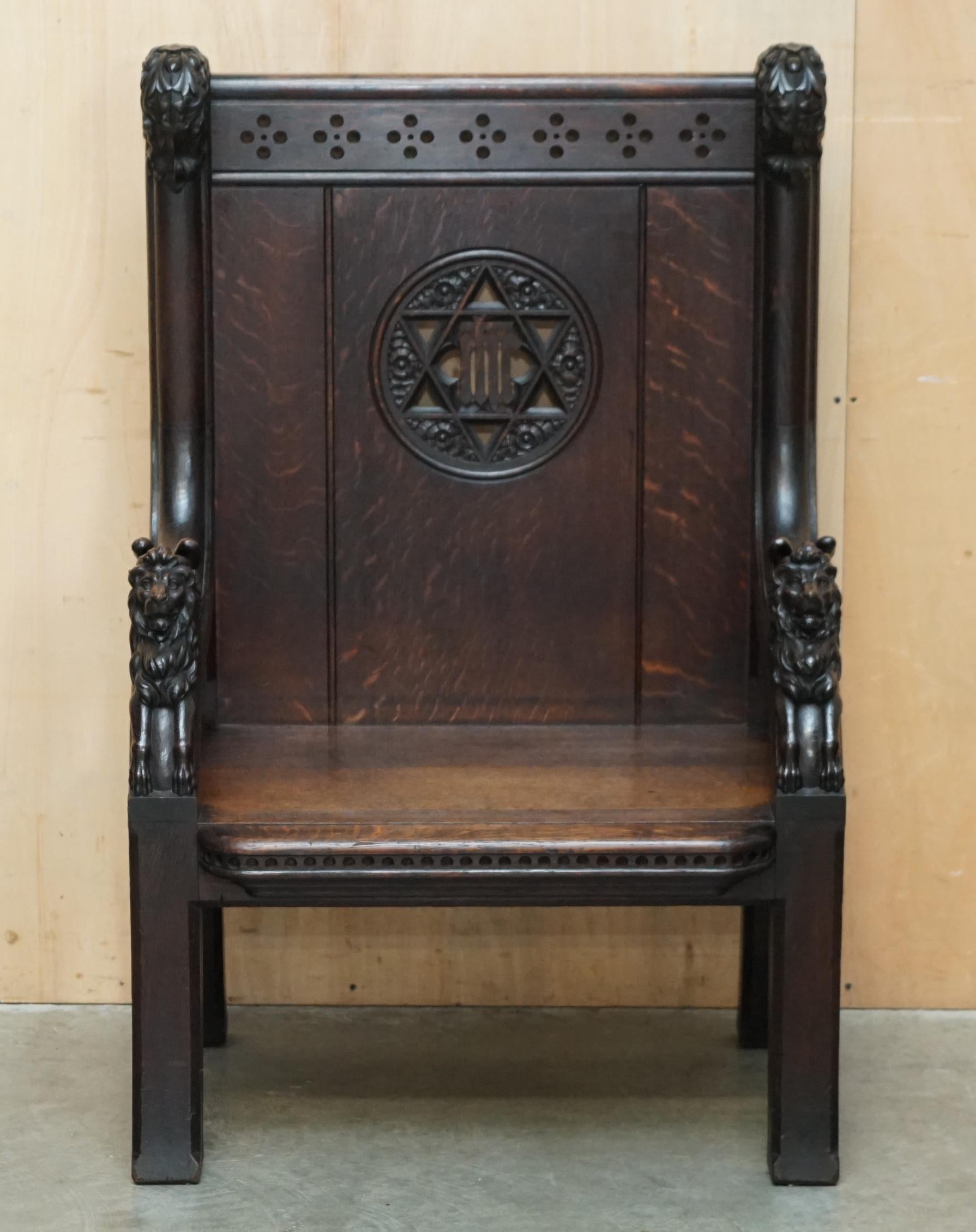 English STUNNING EXTRA LARGE GOTHIC REVIVAL THRONE ARMCHAIR HAND CARVED ARMORIAL LIONs For Sale