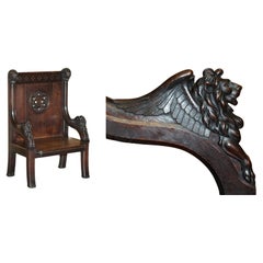 STUNNING EXTRA LARGE GOTHIC REVIVAL THRONE ARMCHAIR HAND CARVED ARMORIAL LIONs