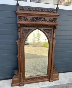 Stunning & Extra Large Oak Gothic Revival Wall Mirror with Phoenix Sculptures