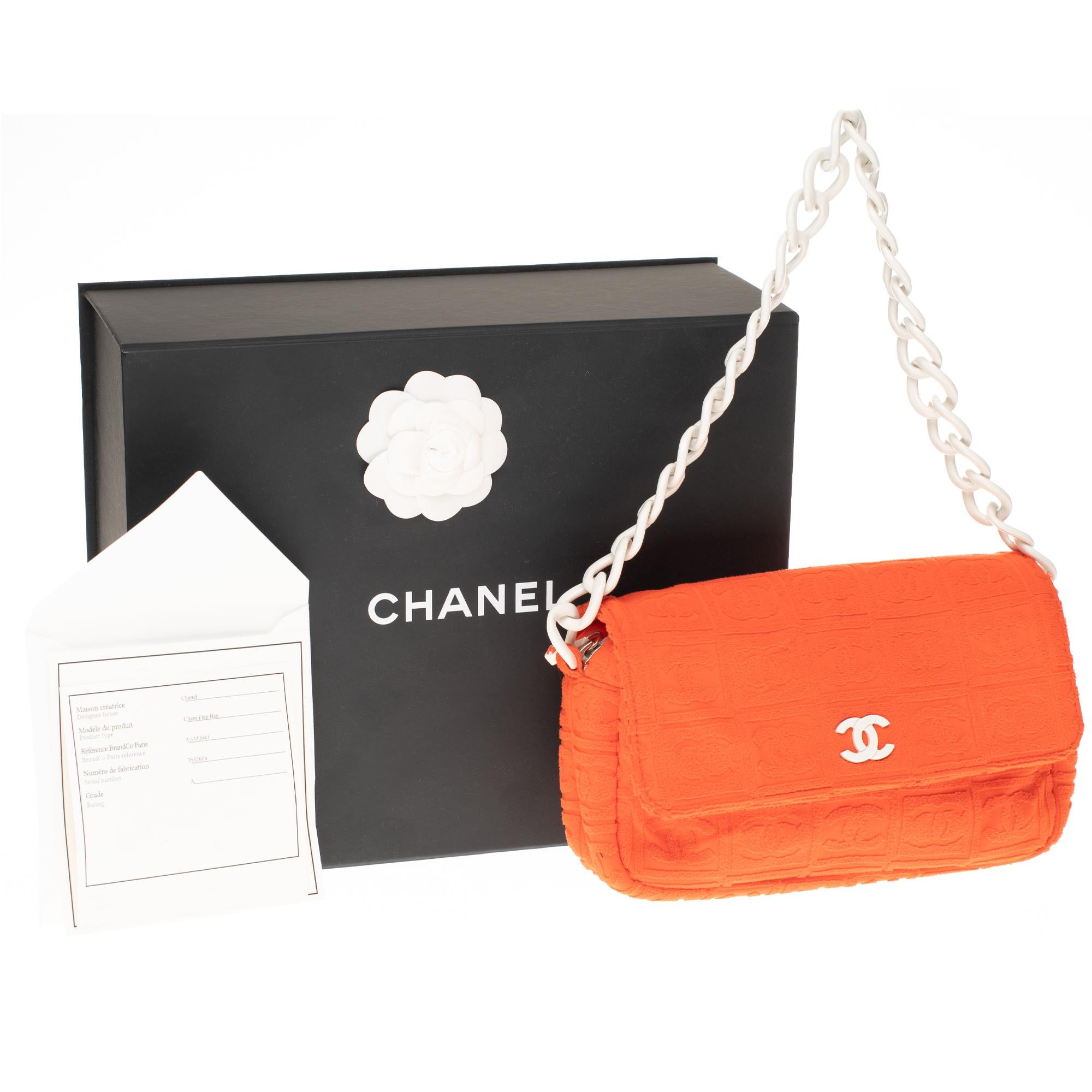 Stunning Fancy Chanel Classic shoulder bag in orange cotton, white plastic chain 3