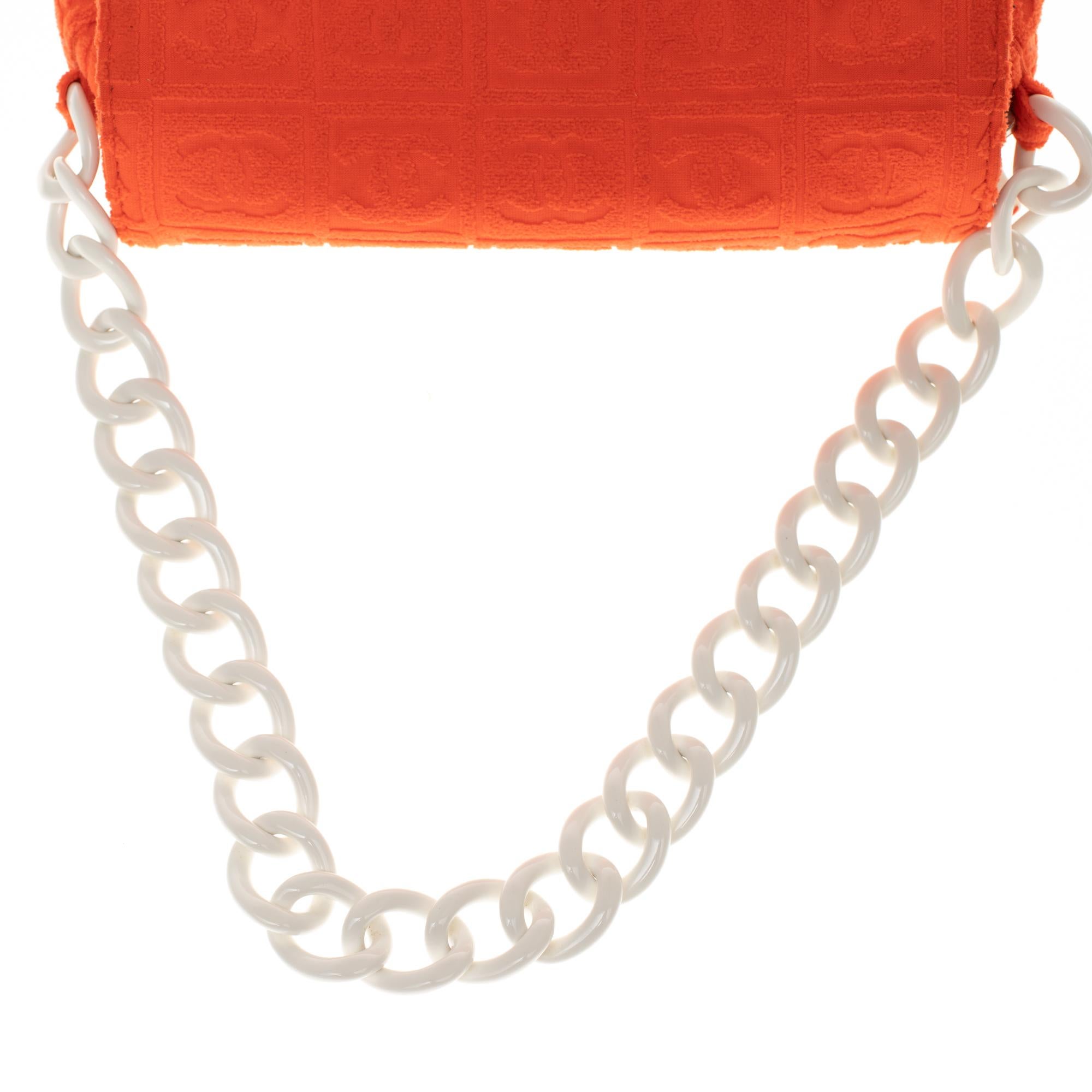 Women's Stunning Fancy Chanel Classic shoulder bag in orange cotton, white plastic chain