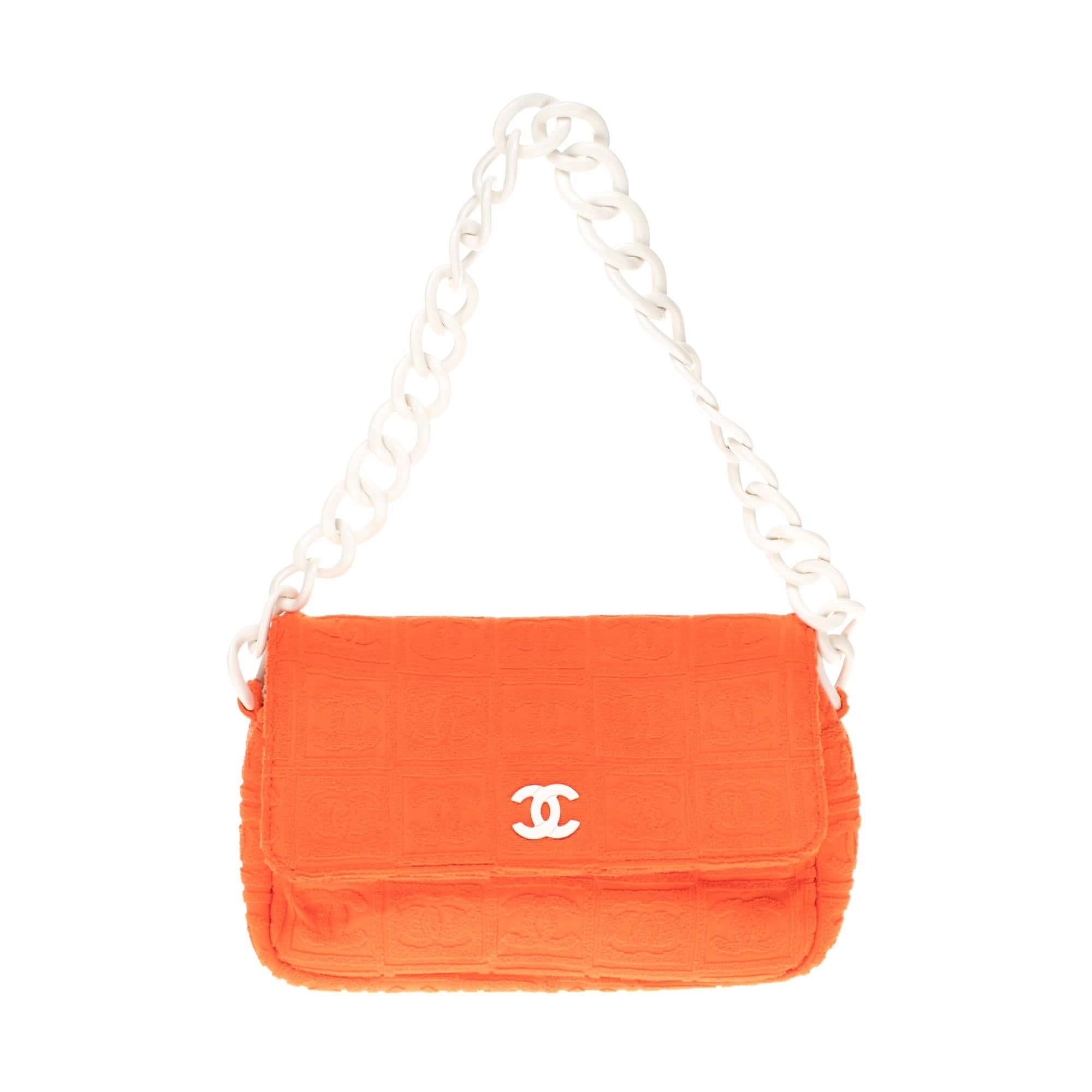 Stunning Fancy Chanel Classic shoulder bag in orange cotton, white plastic  chain at 1stDibs | chanel plastic chain bag, chanel bag orange, chanel  plastic bag