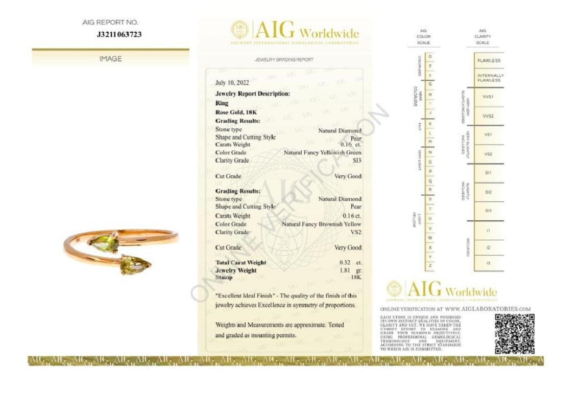 Moderne Superbe bague ouverte de couleur fantaisie en or rose 18 carats avec diamants naturels 0,32 carat, certifié AIG