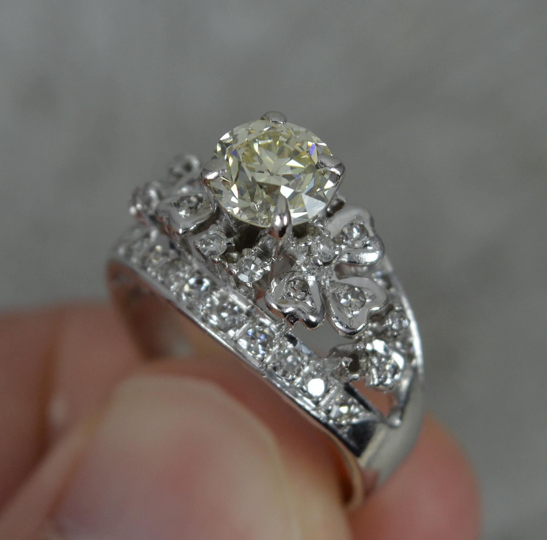 Women's Stunning Fancy Yellow 1ct Old Cut Diamond and 18ct White Gold Ring