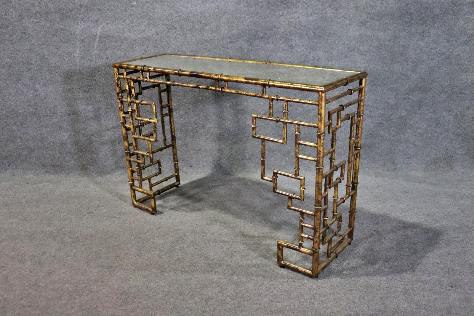 Mid-Century Modern Stunning Faux Bamboo Gilded Metal Silver Leaf Eglomise Console Table