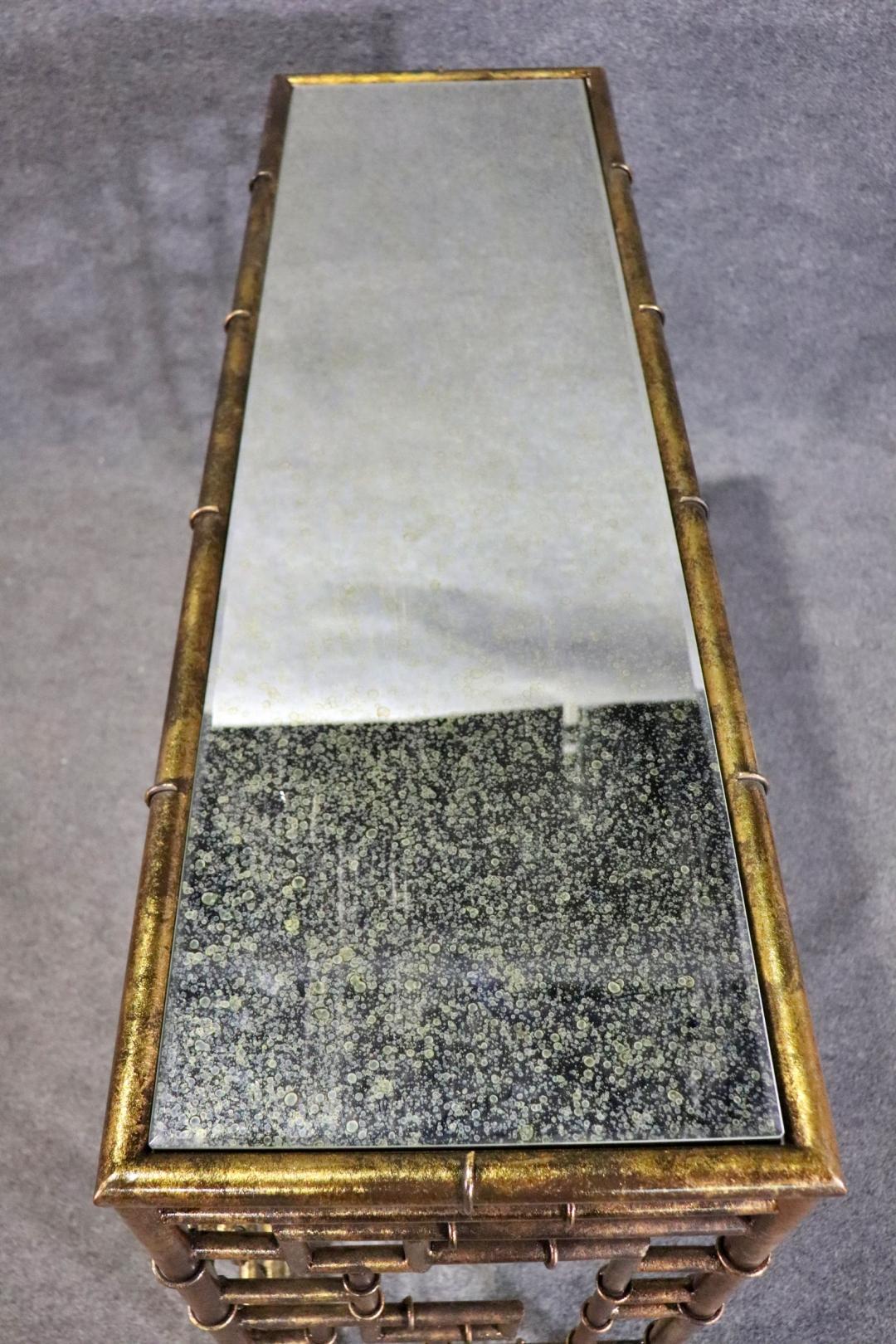 Stunning Faux Bamboo Gilded Metal Silver Leaf Eglomise Console Table In Good Condition In Swedesboro, NJ