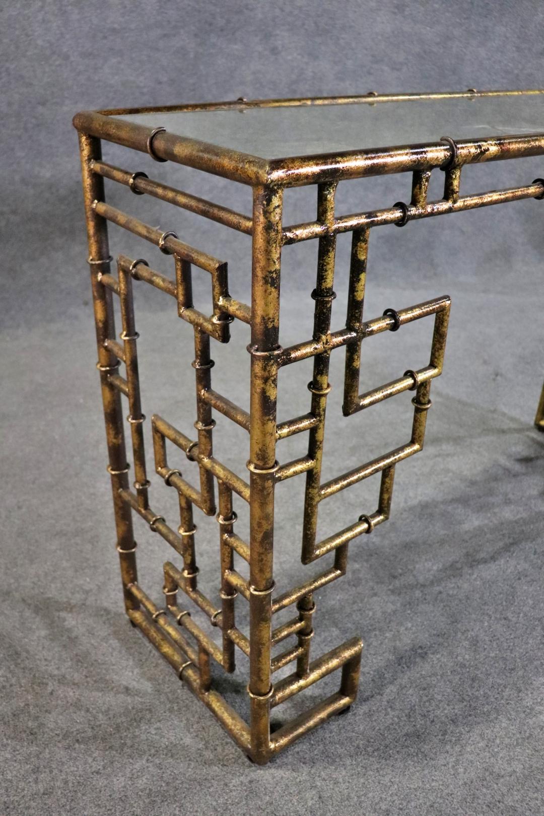 Mid-20th Century Stunning Faux Bamboo Gilded Metal Silver Leaf Eglomise Console Table