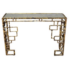 Stunning Faux Bamboo Gilded Metal Silver Leaf Eglomise Console Table 