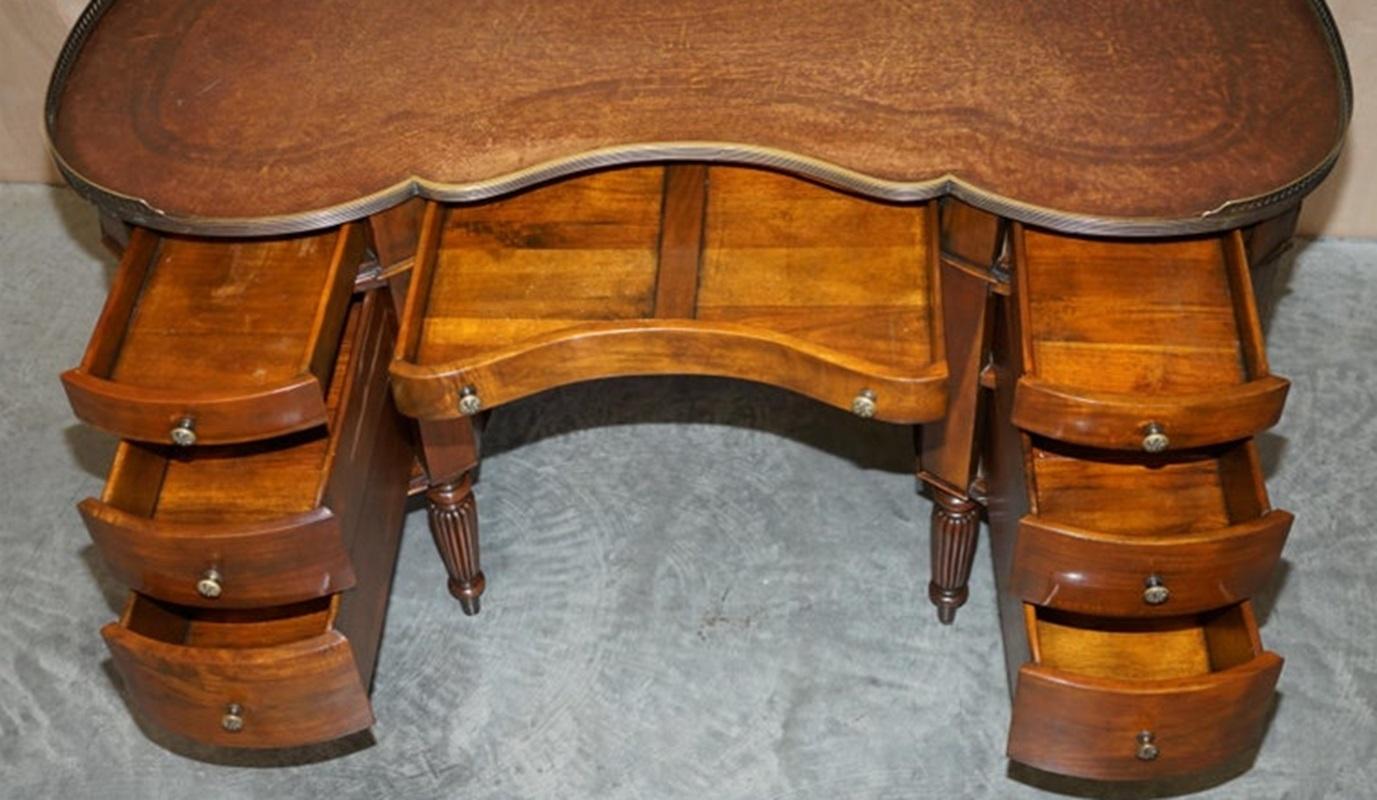 Stunning Faux Book Hardwood & Brown Leather Kidney Desk with Gallery Rail For Sale 7