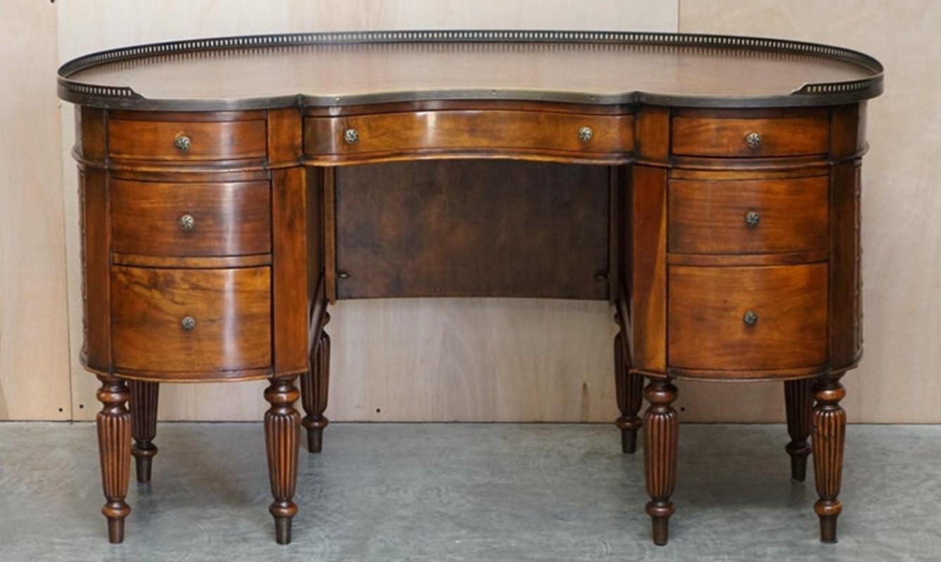 Regency Stunning Faux Book Hardwood & Brown Leather Kidney Desk with Gallery Rail For Sale