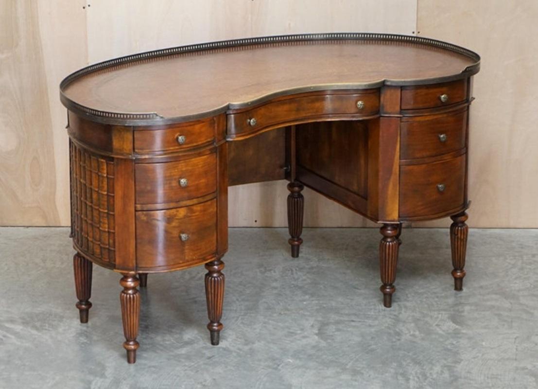 English Stunning Faux Book Hardwood & Brown Leather Kidney Desk with Gallery Rail For Sale