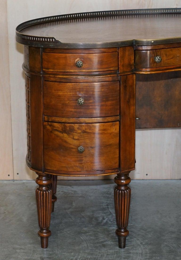 Hand-Crafted Stunning Faux Book Hardwood & Brown Leather Kidney Desk with Gallery Rail For Sale