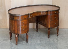 Stunning Faux Book Hardwood & Brown Leather Kidney Desk with Gallery Rail