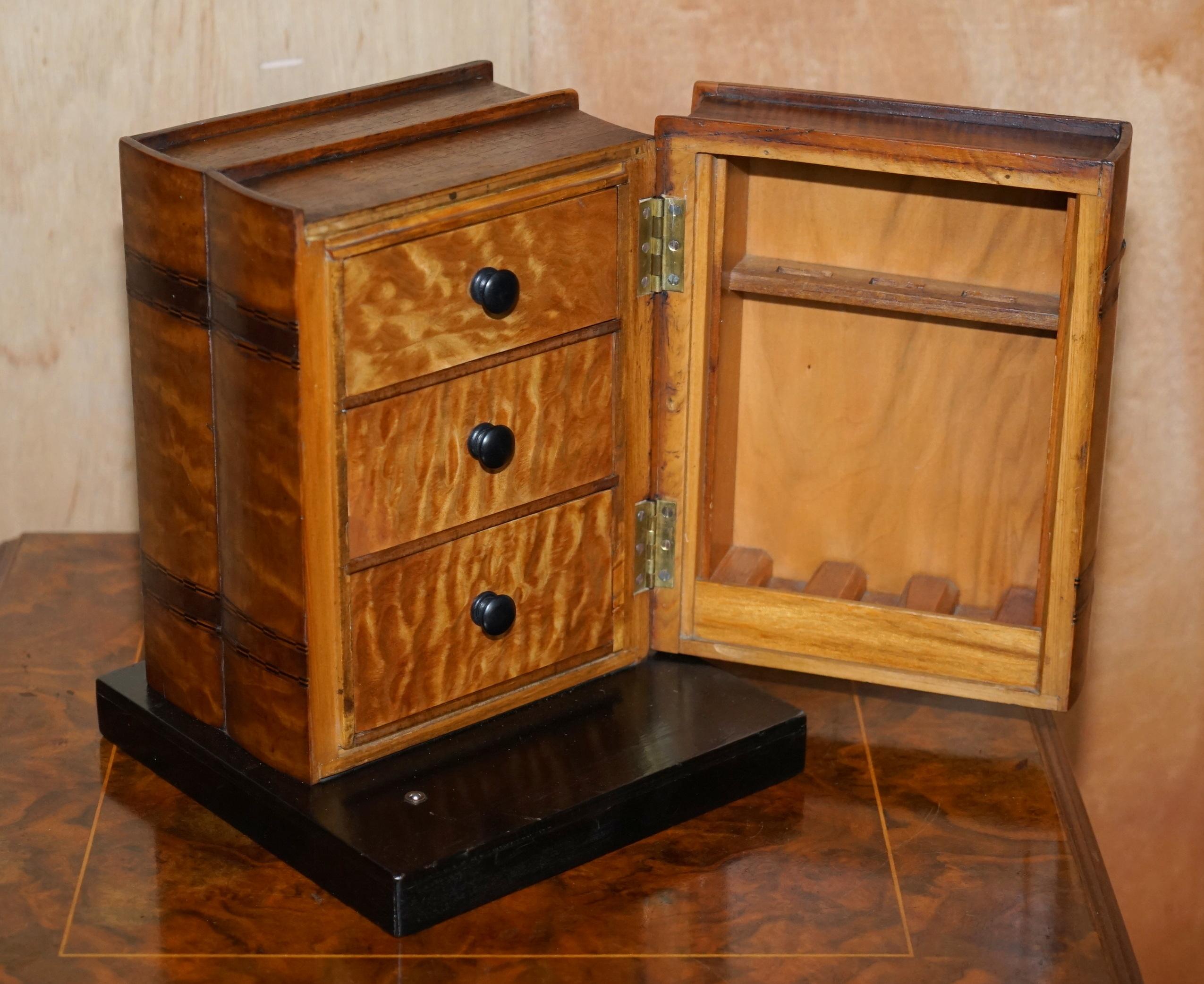 Hand-Crafted Stunning Faux Books Walnut & Satinwood Smoking Pipe Rack Holder with Drawers For Sale