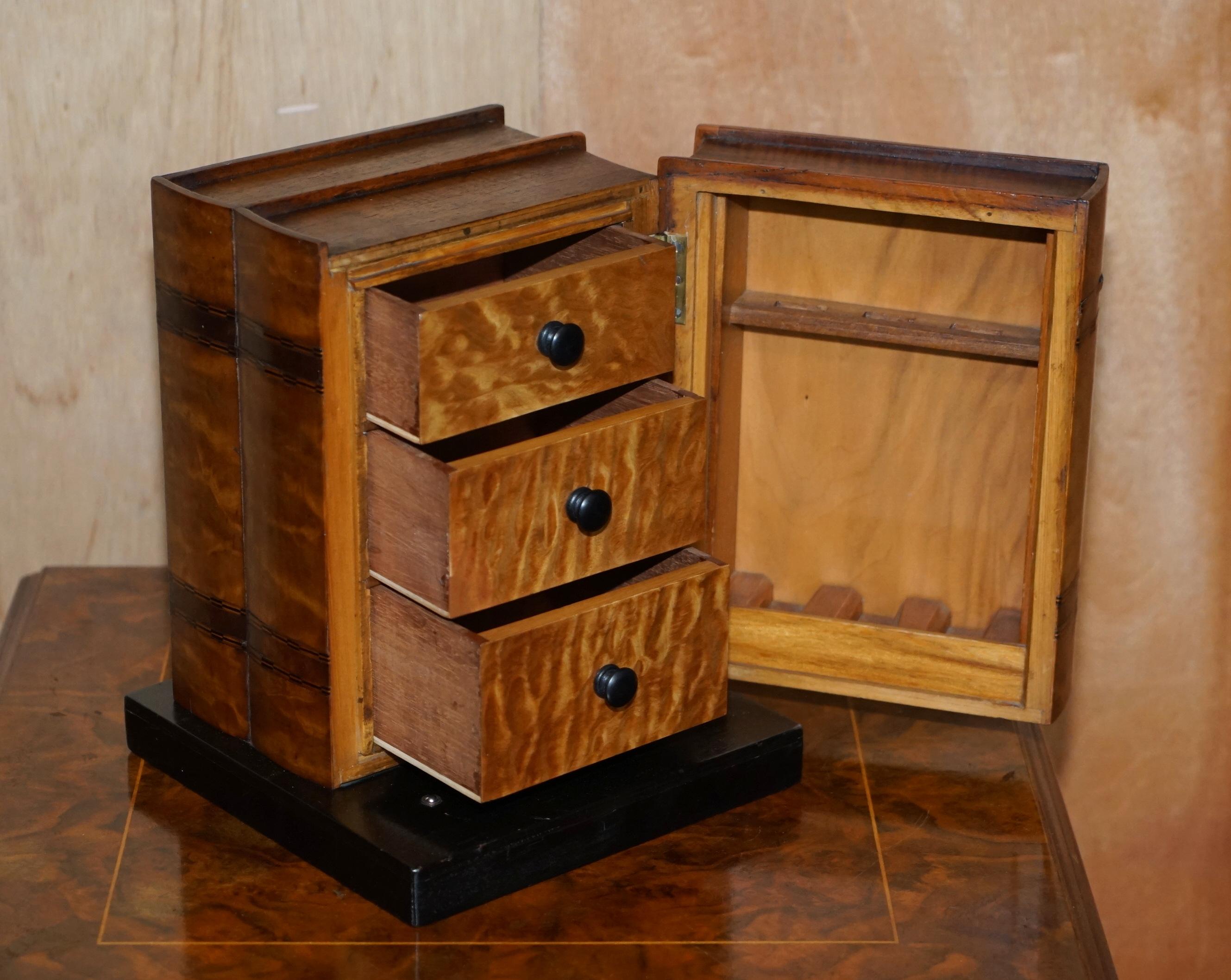 20th Century Stunning Faux Books Walnut & Satinwood Smoking Pipe Rack Holder with Drawers For Sale