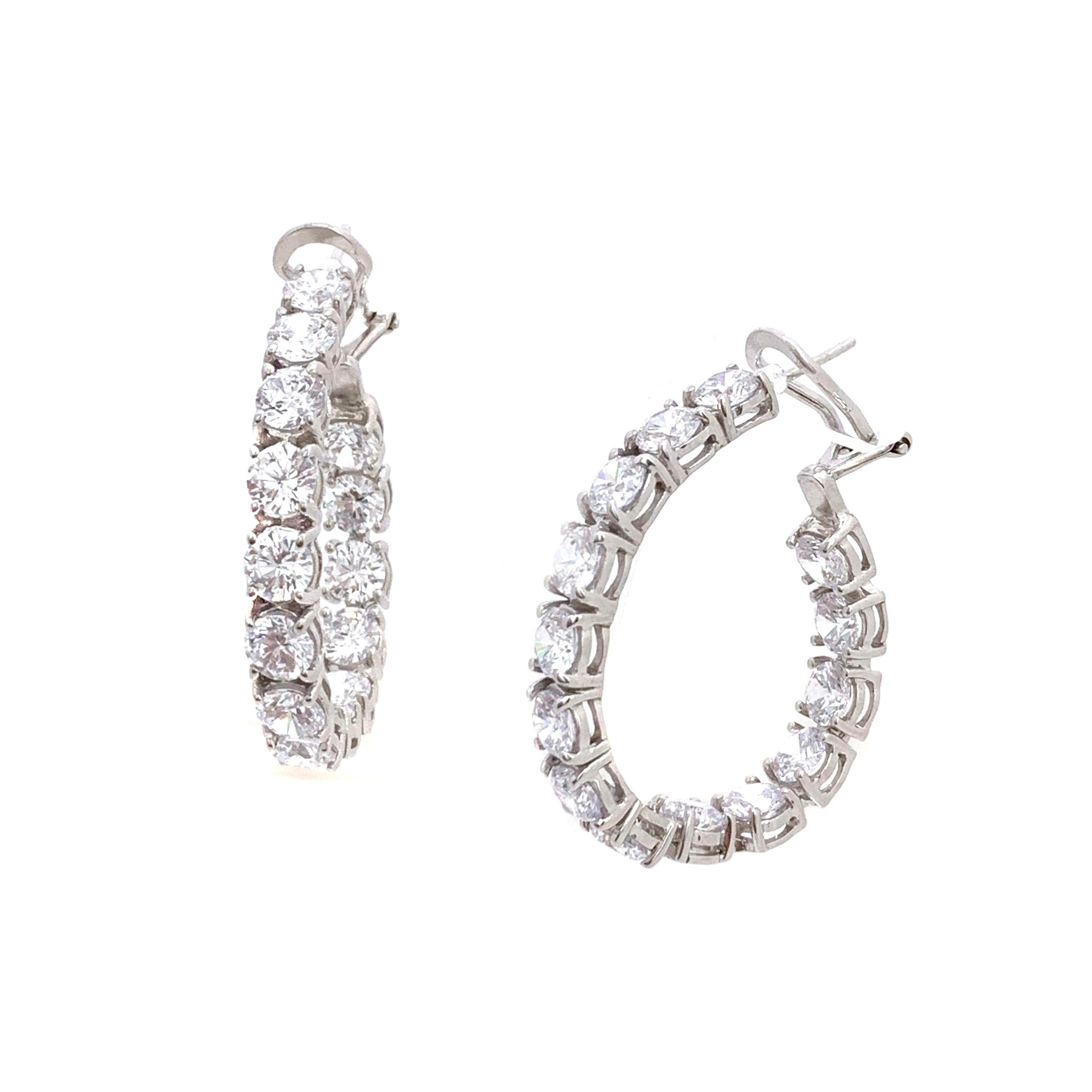Stunning Faux Diamond Sterling Silver Hoop Earrings. Each stone is equal to a size of 0.5ct, all set facing forward, handset in platinum rhodium plated sterling silver. Straight post with omega clip back. 1.5
