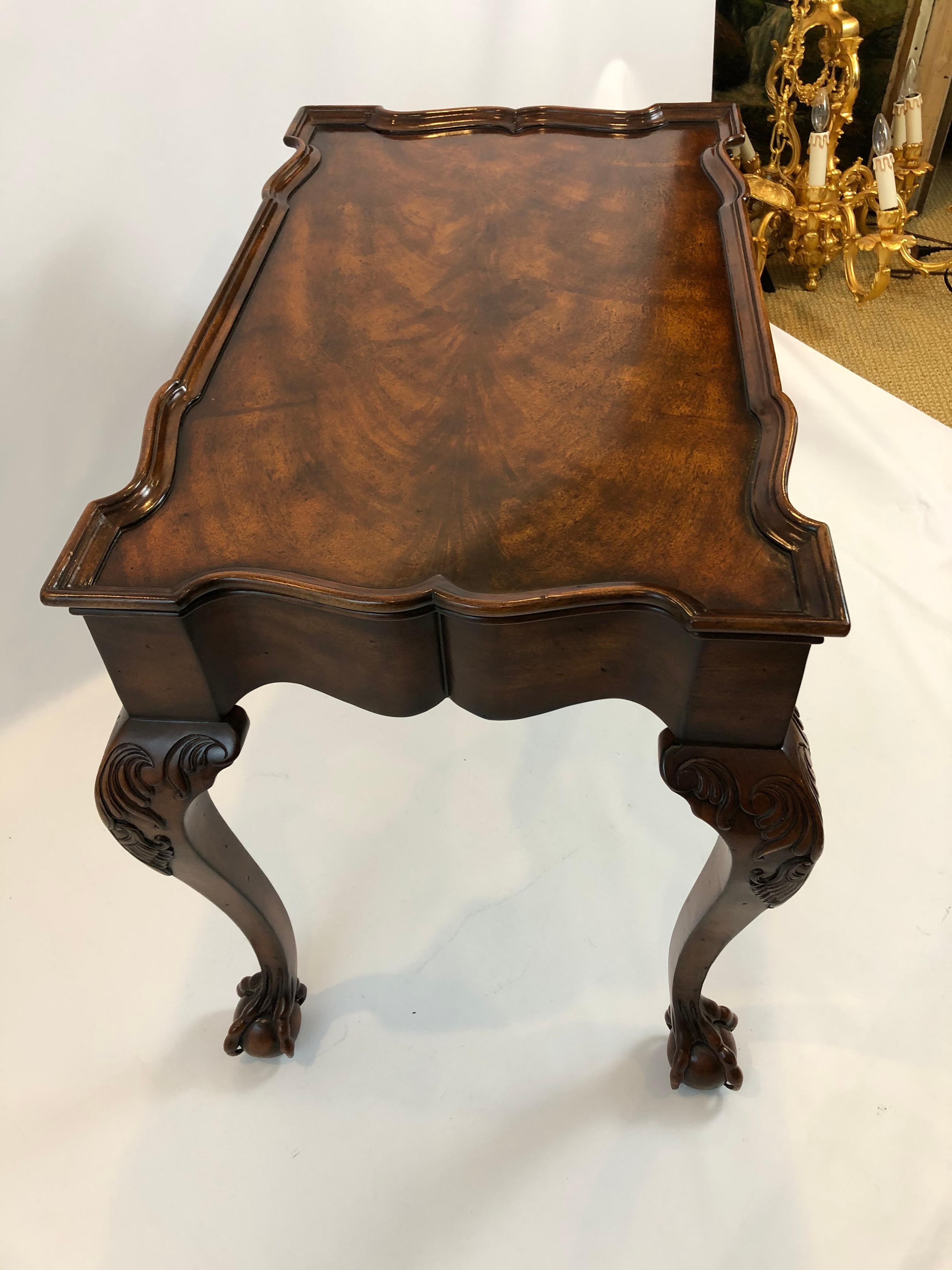 Late 20th Century Stunning Flame Mahogany Rectangular Scalloped End or Tea Table with Claw Feet For Sale