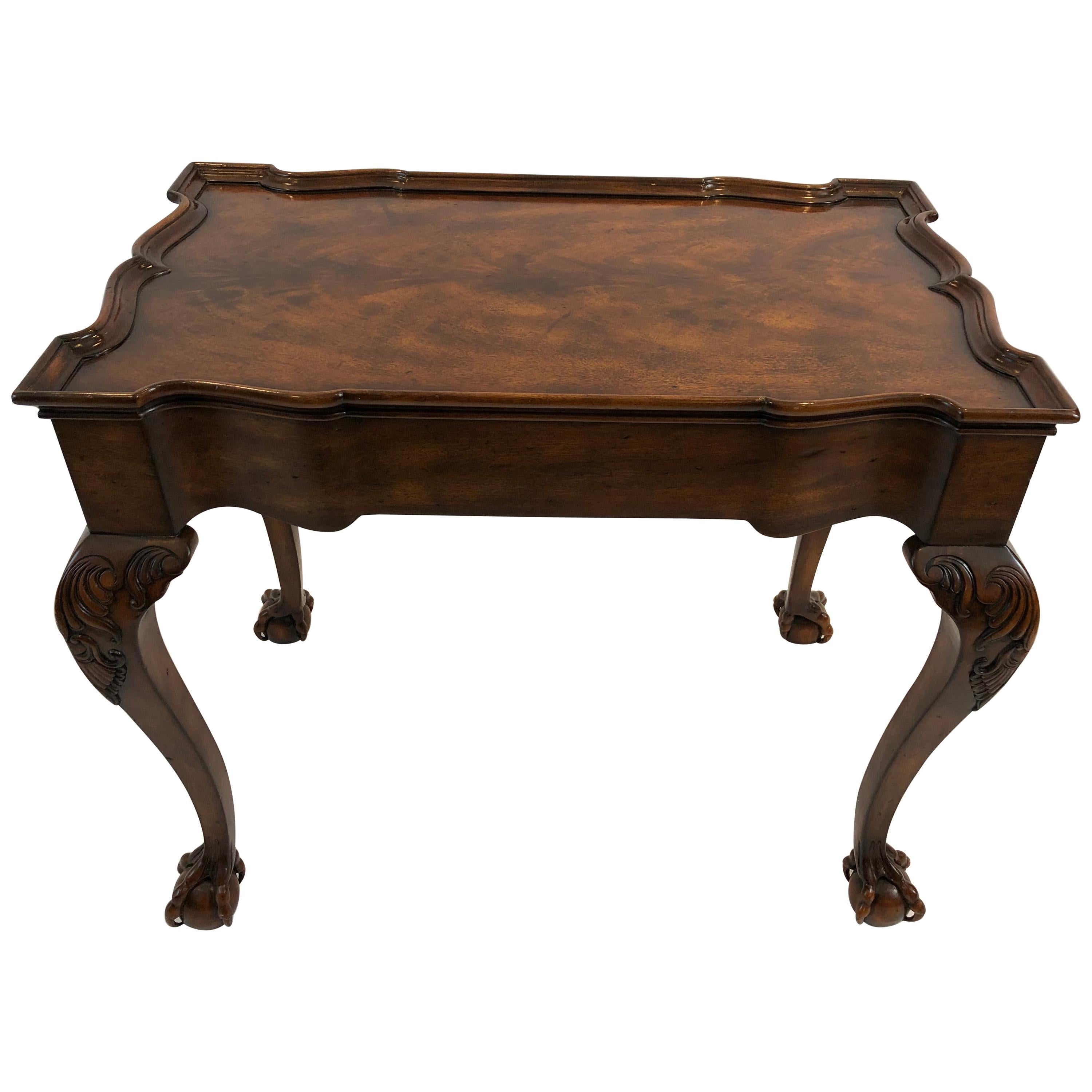 Stunning Flame Mahogany Rectangular Scalloped End or Tea Table with Claw Feet For Sale