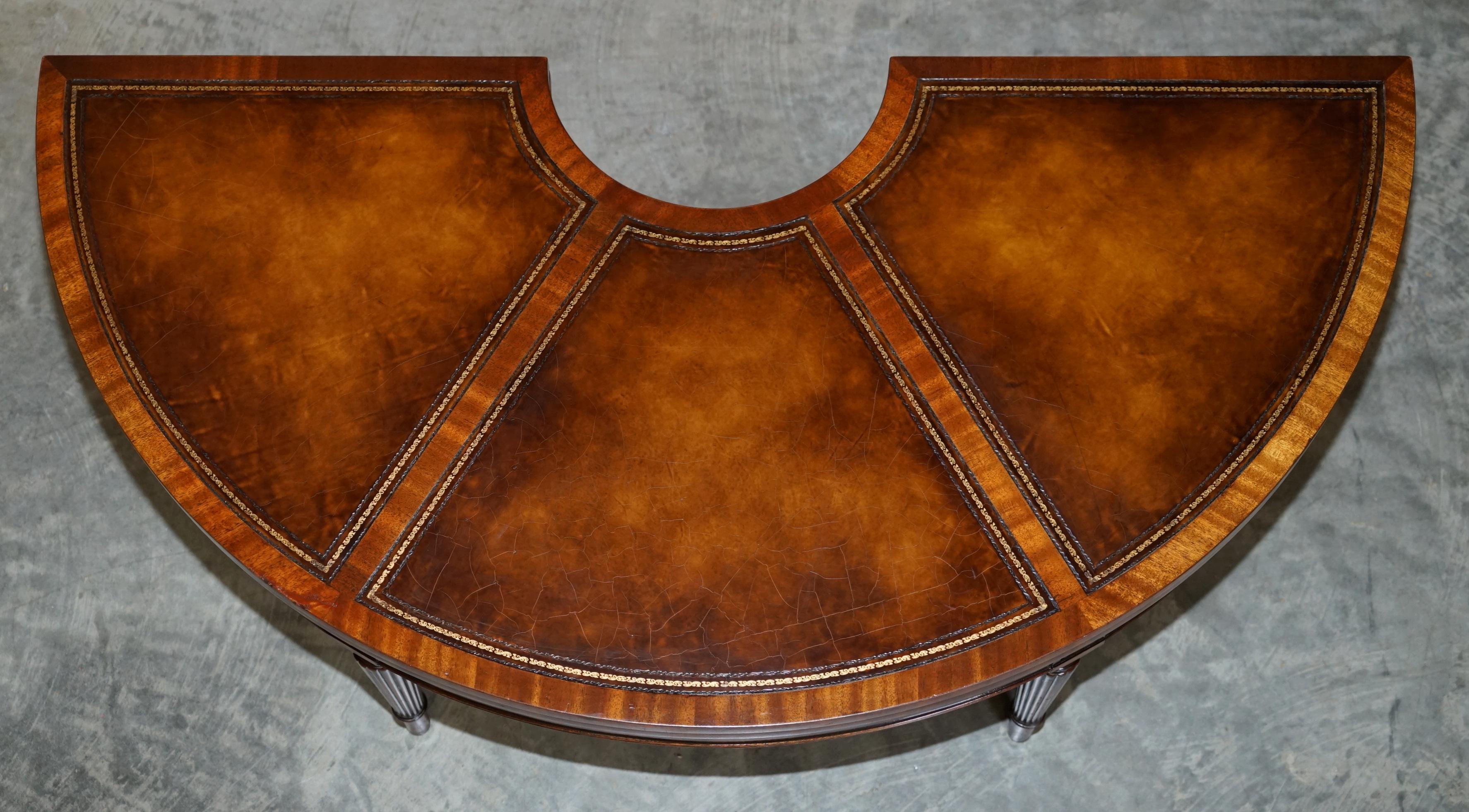 English Stunning Flamed Hardwood Hand Dyed Brown Leather Extending Coffee Table Must See