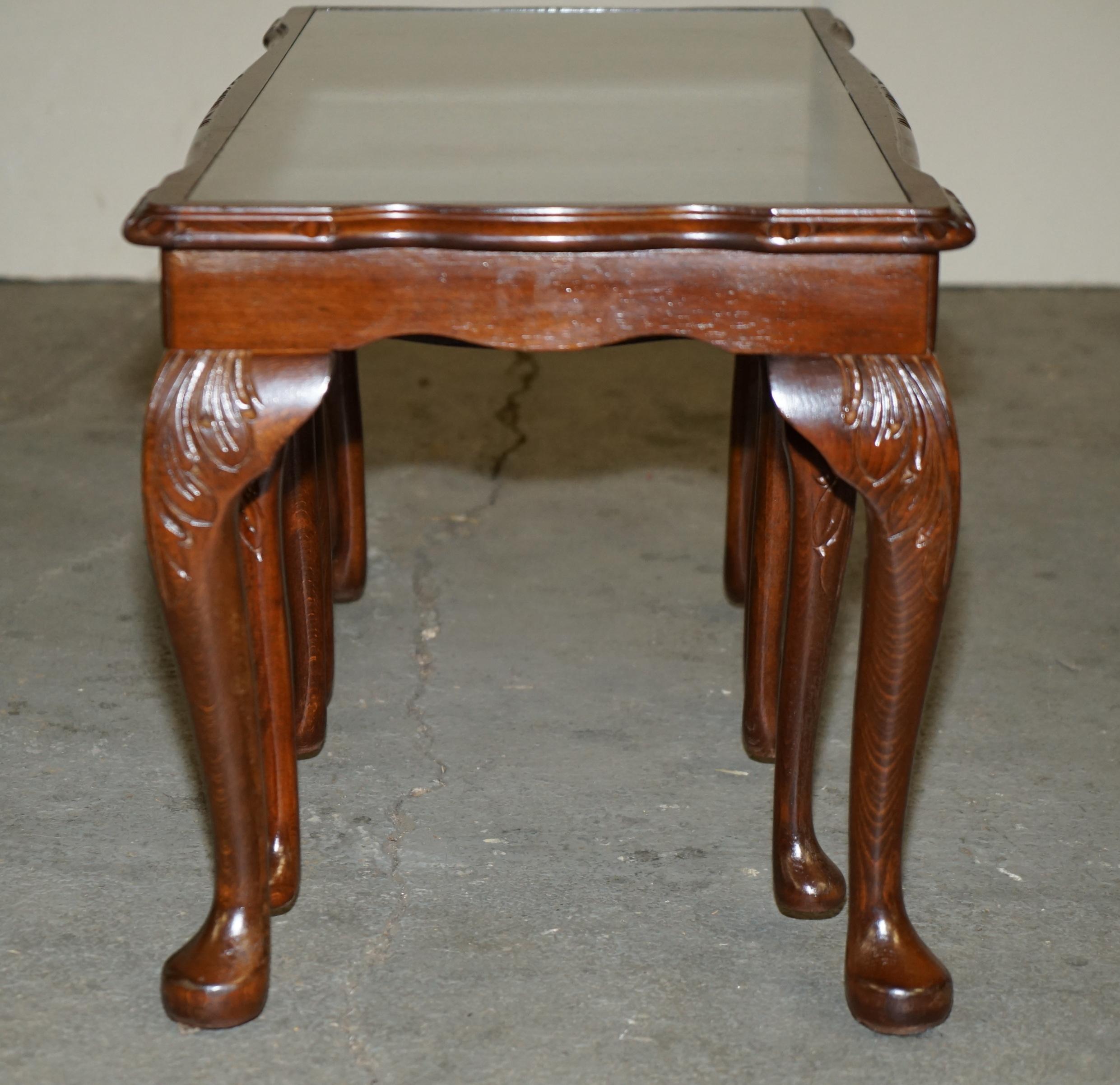 Glass STUNNING FLAMED HARDWOOD NEST OF THREE TABLES INCLUDiNG COFFEE COCKTAIL TABLE For Sale