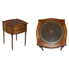 Stunning Flamed Hardwood Side End Lamp Table Twin Drawers & Green Leather Top