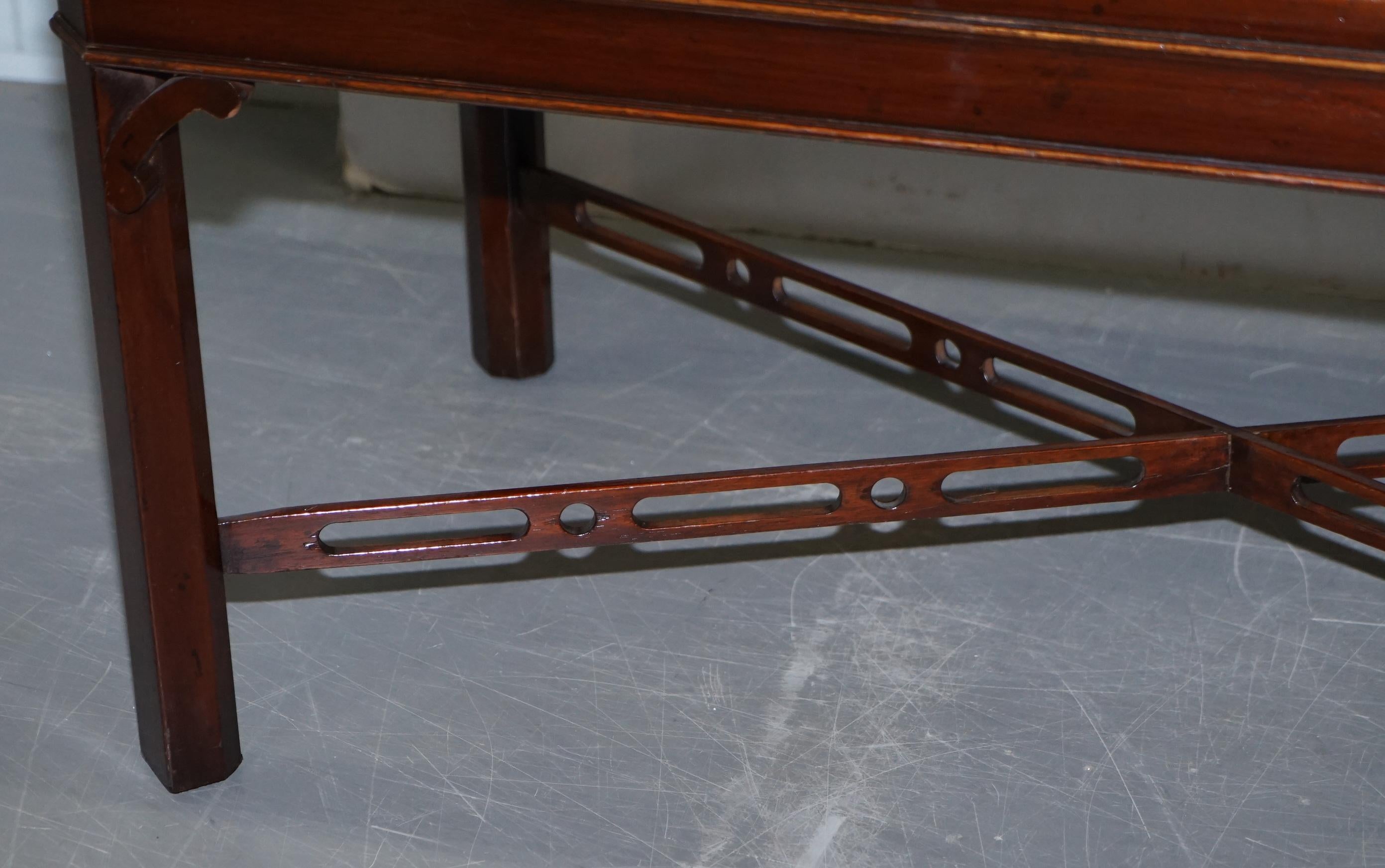 Stunning Flamed Hardwood Coffee or Cocktail Table Fret Work Carved Stretchers 7