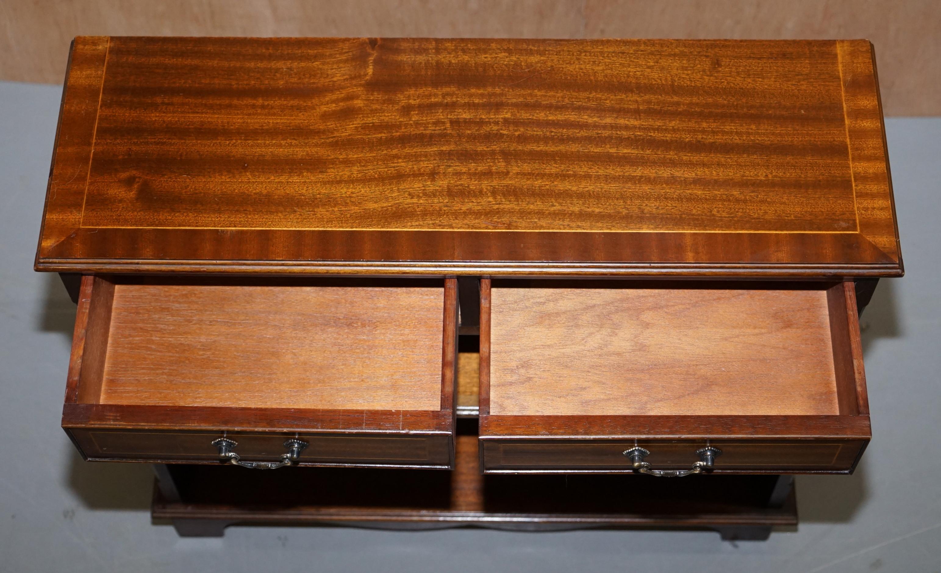 Stunning Flamed Mahogany Dwarf Open Bookcase with Twin Drawers Adjustable Shelf 10