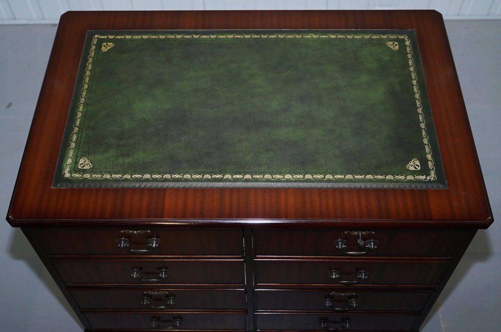 Regency Stunning Flamed Mahogany Veneer Twin Pedestal Fining Cabinet, Green Leather Desk