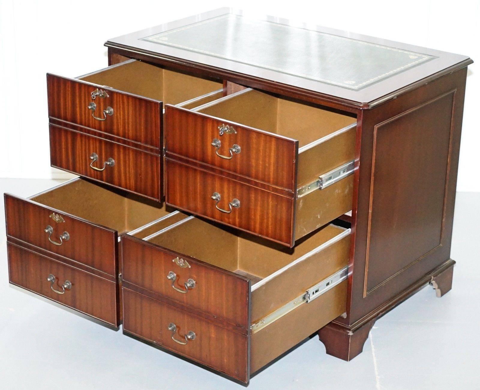 Stunning Flamed Mahogany Veneer Twin Pedestal Fining Cabinet, Green Leather Desk 1